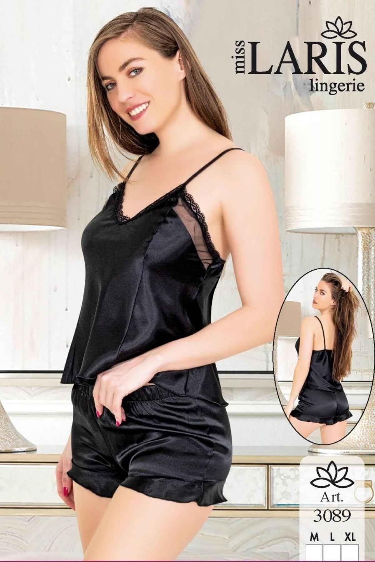Fırfırlı Somon Renk Saten Şort Pijama Takımı Miss Laris 3089 - Siyah