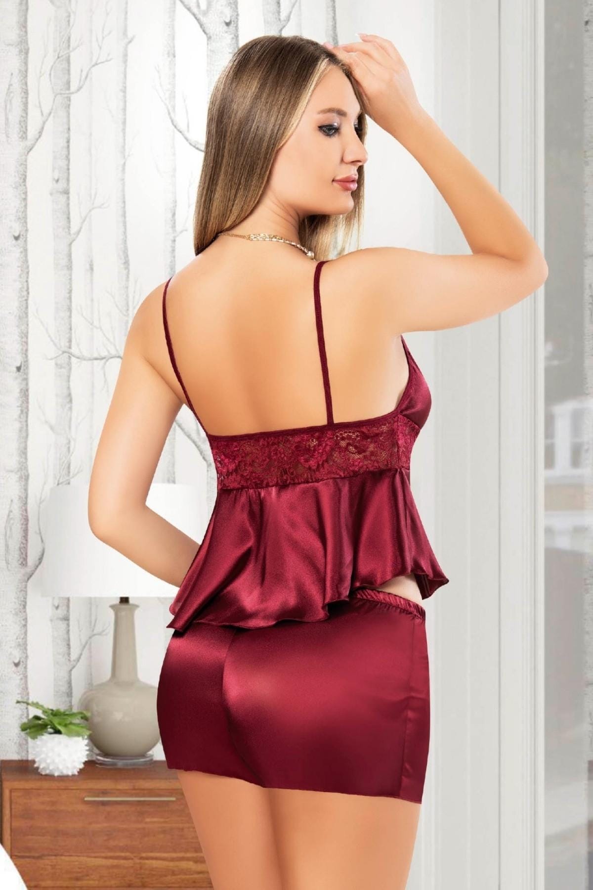 Dantelli Bordo Kadın Şort Pijama Takımı Miss Laris 3094 - Bordo