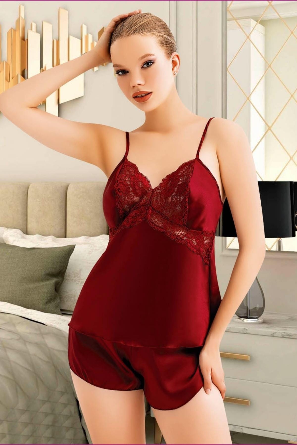 Saten Bordo Askılı Şort Pijama Takımı Miss Laris 3096 - Bordo