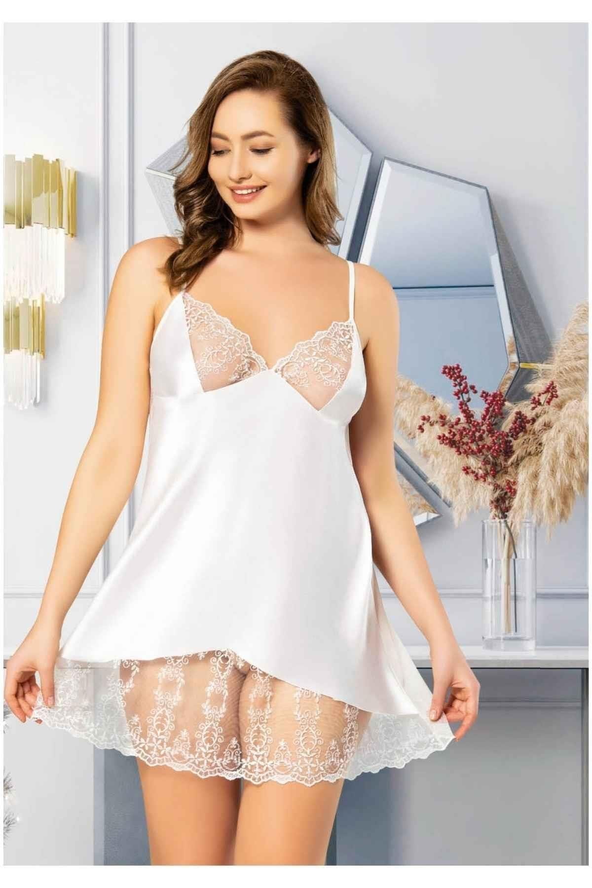 Büyük Beden Transparan Saten Gecelik Miss Laris 4023 - Ekru