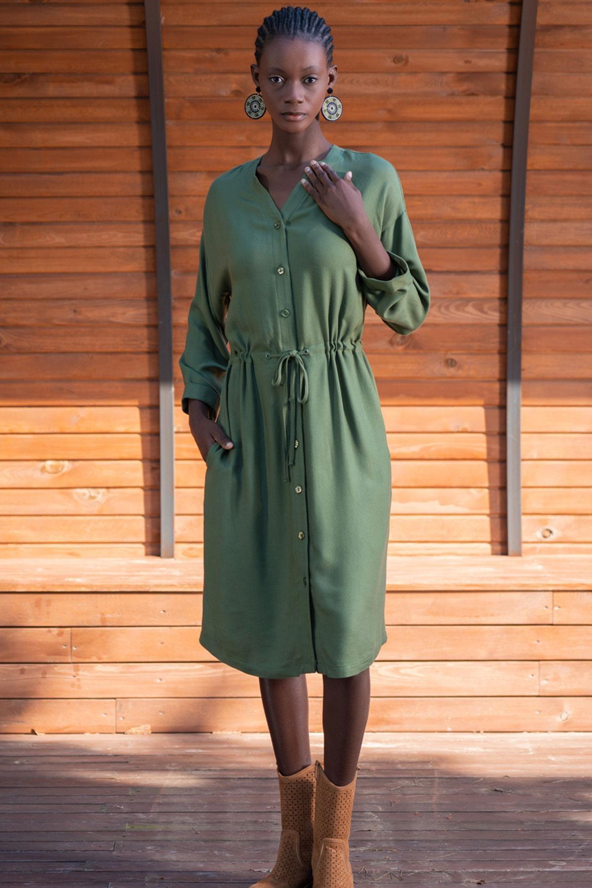 Büzgülü Bel Detayı Uzun Kollu Elbise Lila Vienetta 405100 - Yeşil