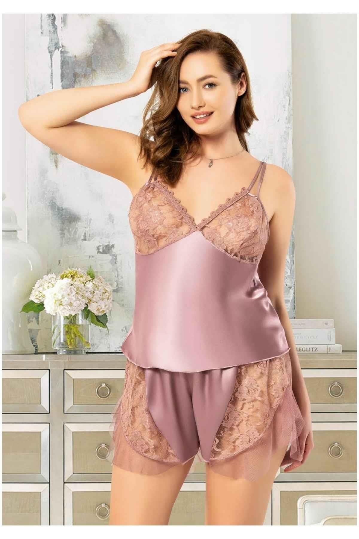 Fırfırlı Saten Büyük Beden Şort Pijama Takımı Miss Laris 4219 - Pudra
