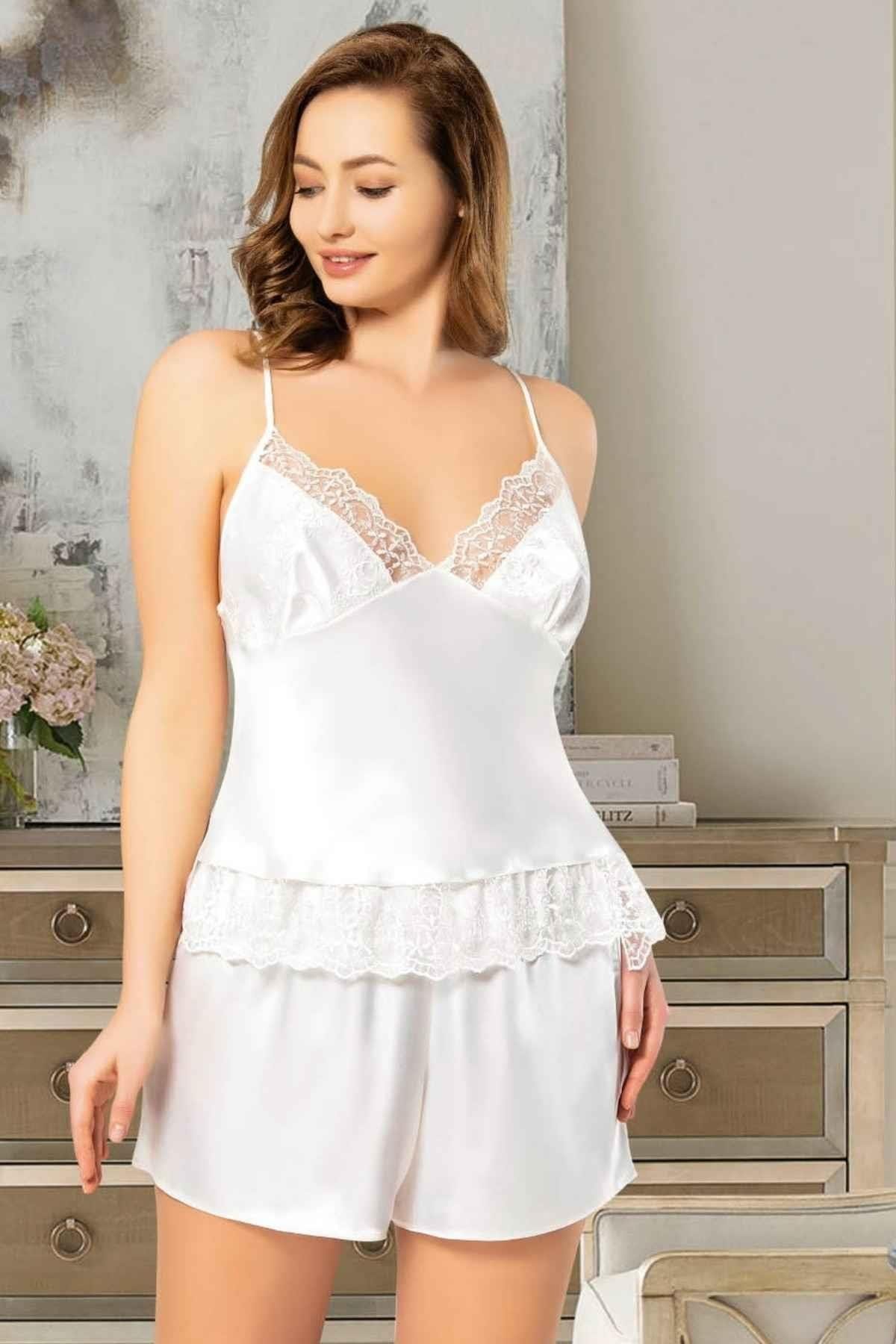 Dantelli Büyük Beden Şort Pijama Takımı Miss Laris 4223 - Beyaz