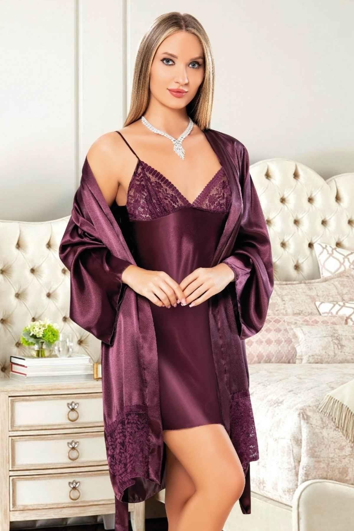 Saten İp Askılı Gecelik Sabahlık Takımı Pembe Miss Laris 5052 - Bordo