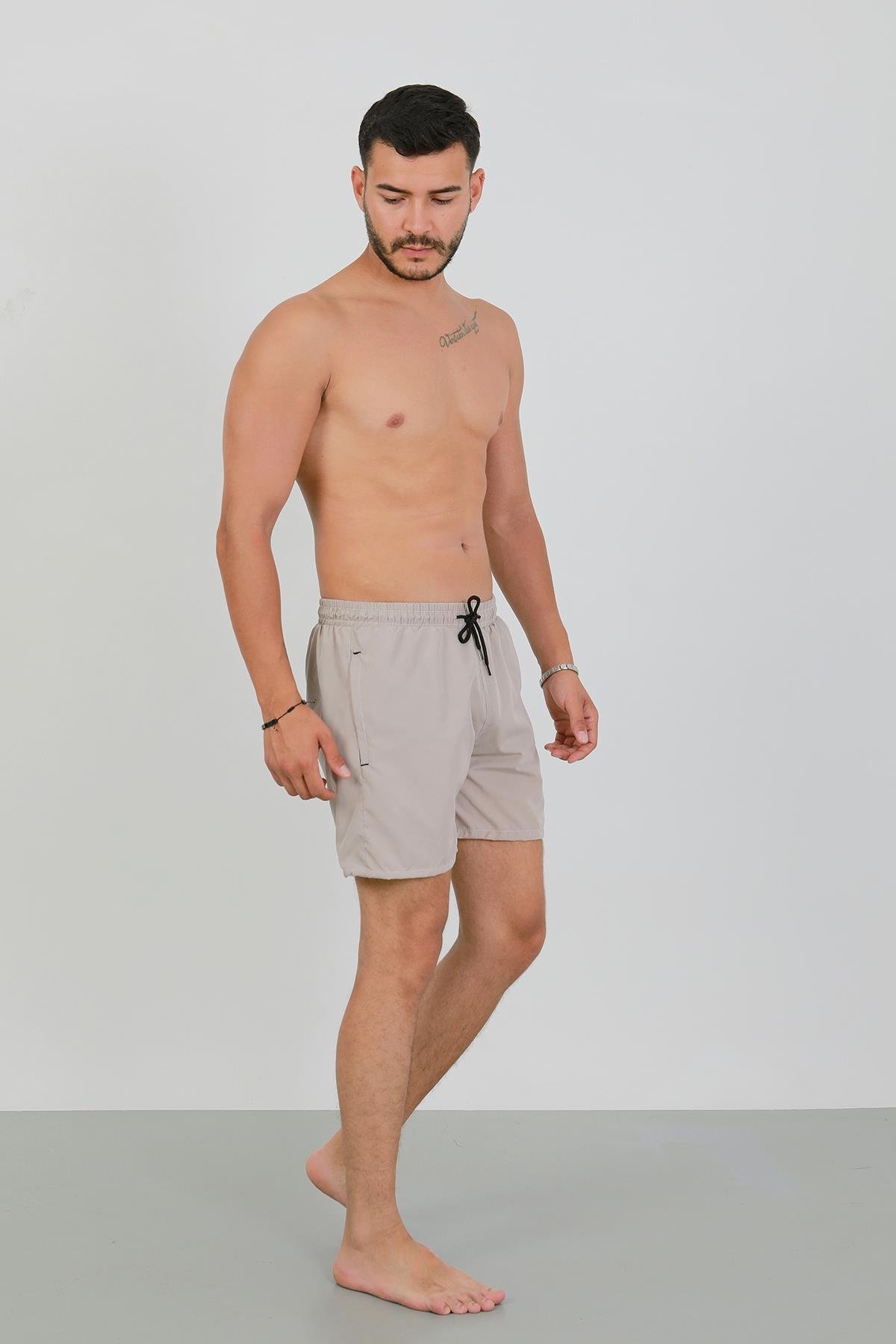 İp Bağlamalı Fermuarlı Cepli Erkek Deniz Şortu Bej Akbeniz 27565 - Bej