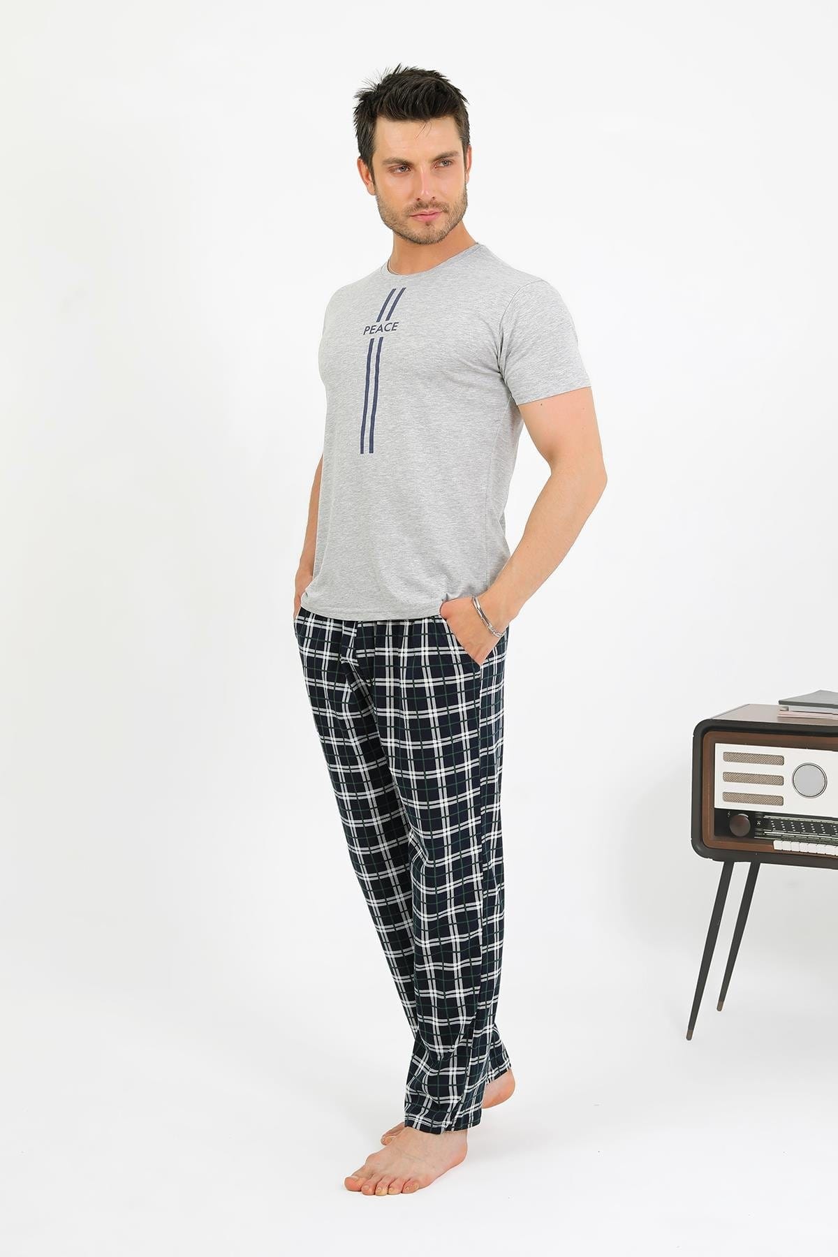 Erkek Pamuk Kısa Kol Pijama Takım Gri Akbeniz 6875 - Gri