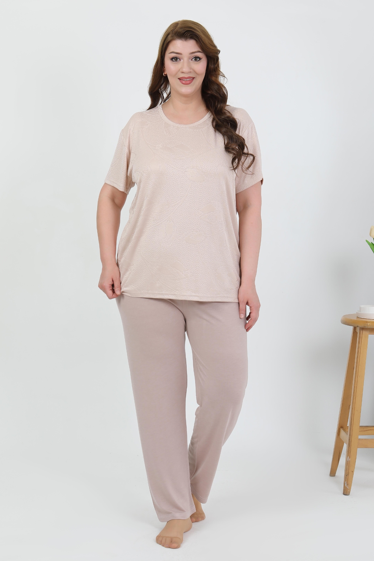 Büyük Beden Kısa Kollu Penye Kadın Pijama Takımı Akbeniz 202510 - Sütlü Kahve