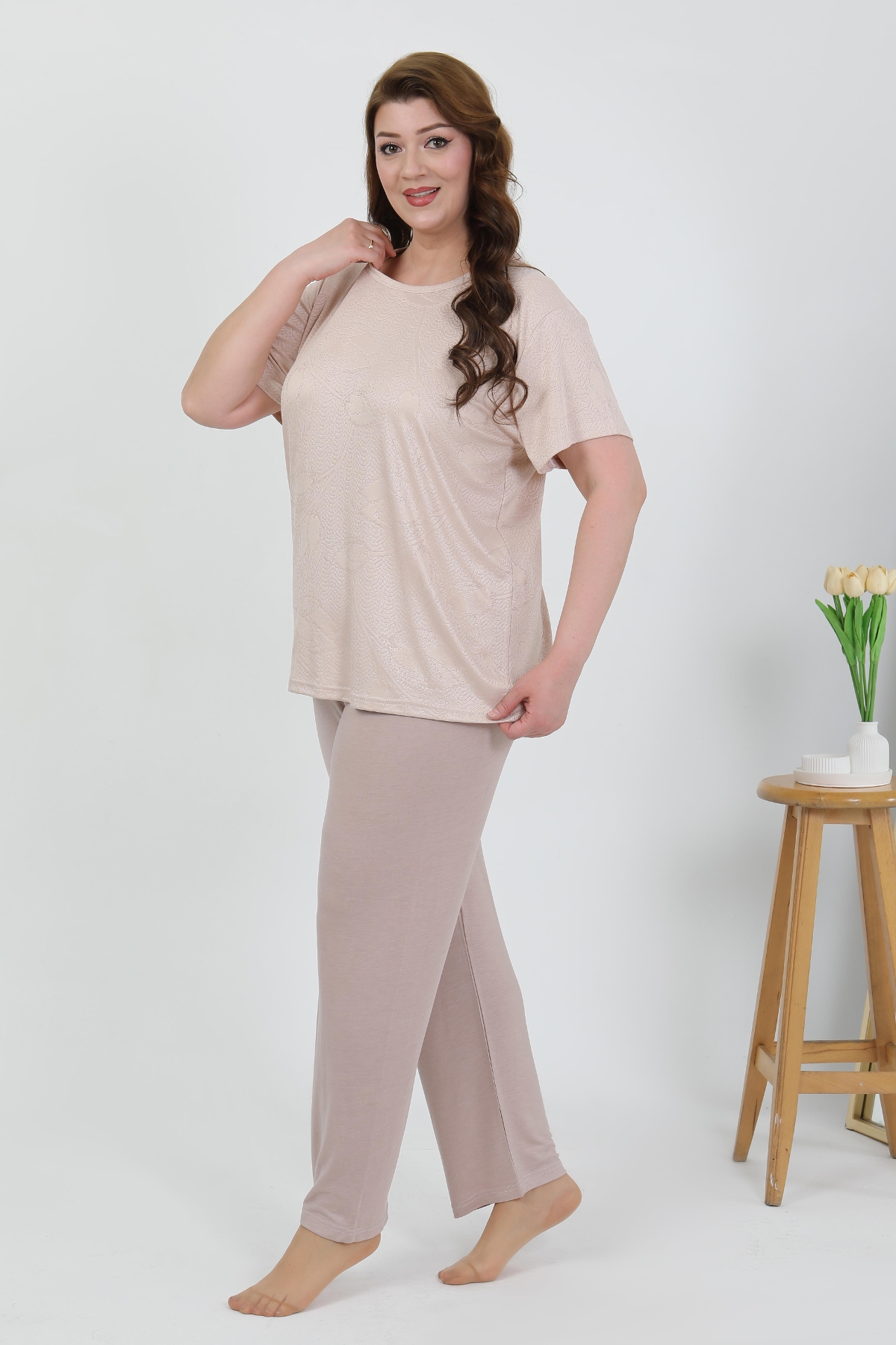Büyük Beden Kısa Kollu Penye Kadın Pijama Takımı Akbeniz 202510 - Sütlü Kahve