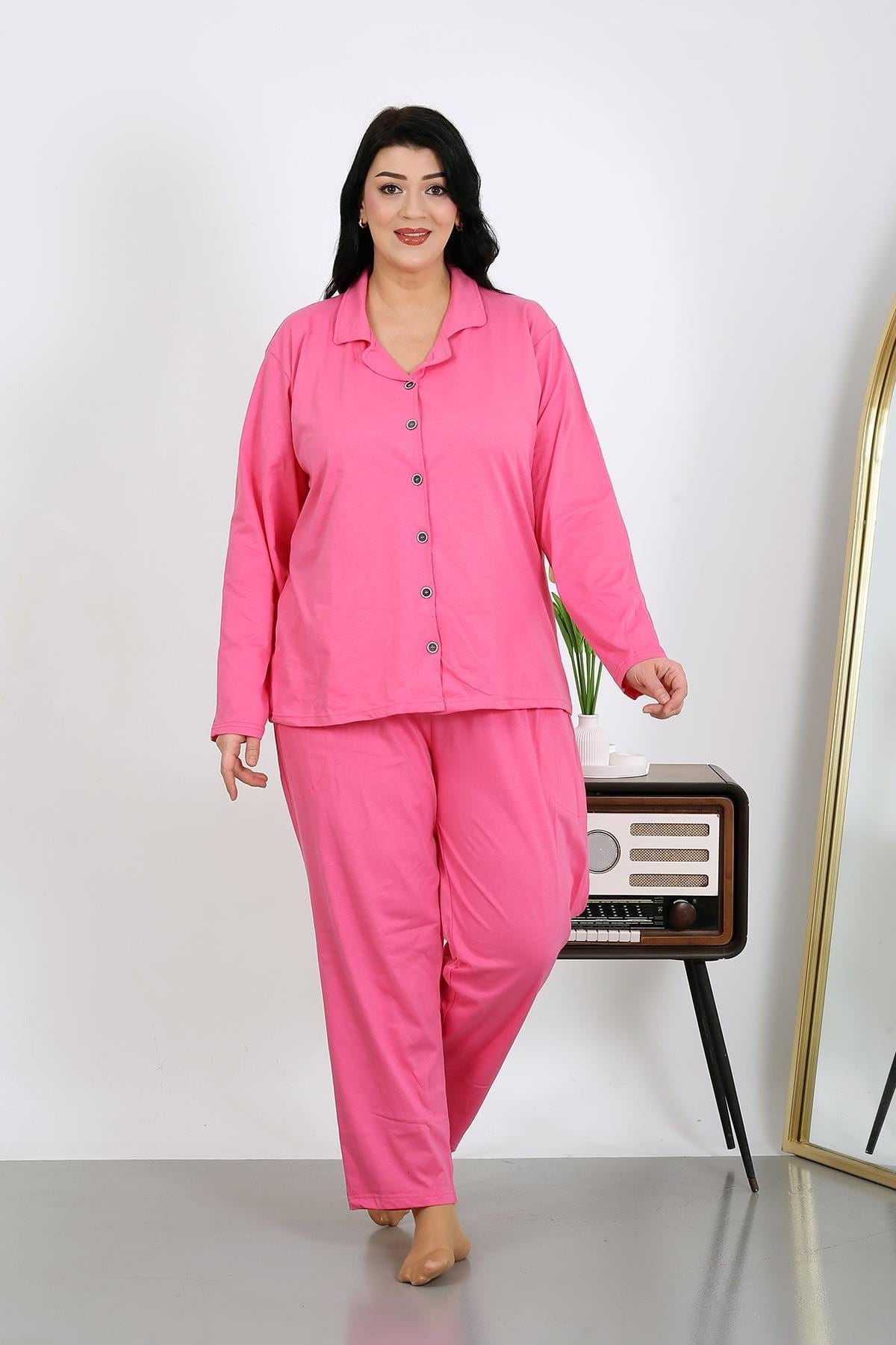 Uzun Kollu Büyük Beden Penye Cepli Pembe Kadın Pijama Takım Akbeniz 202504 - Pembe