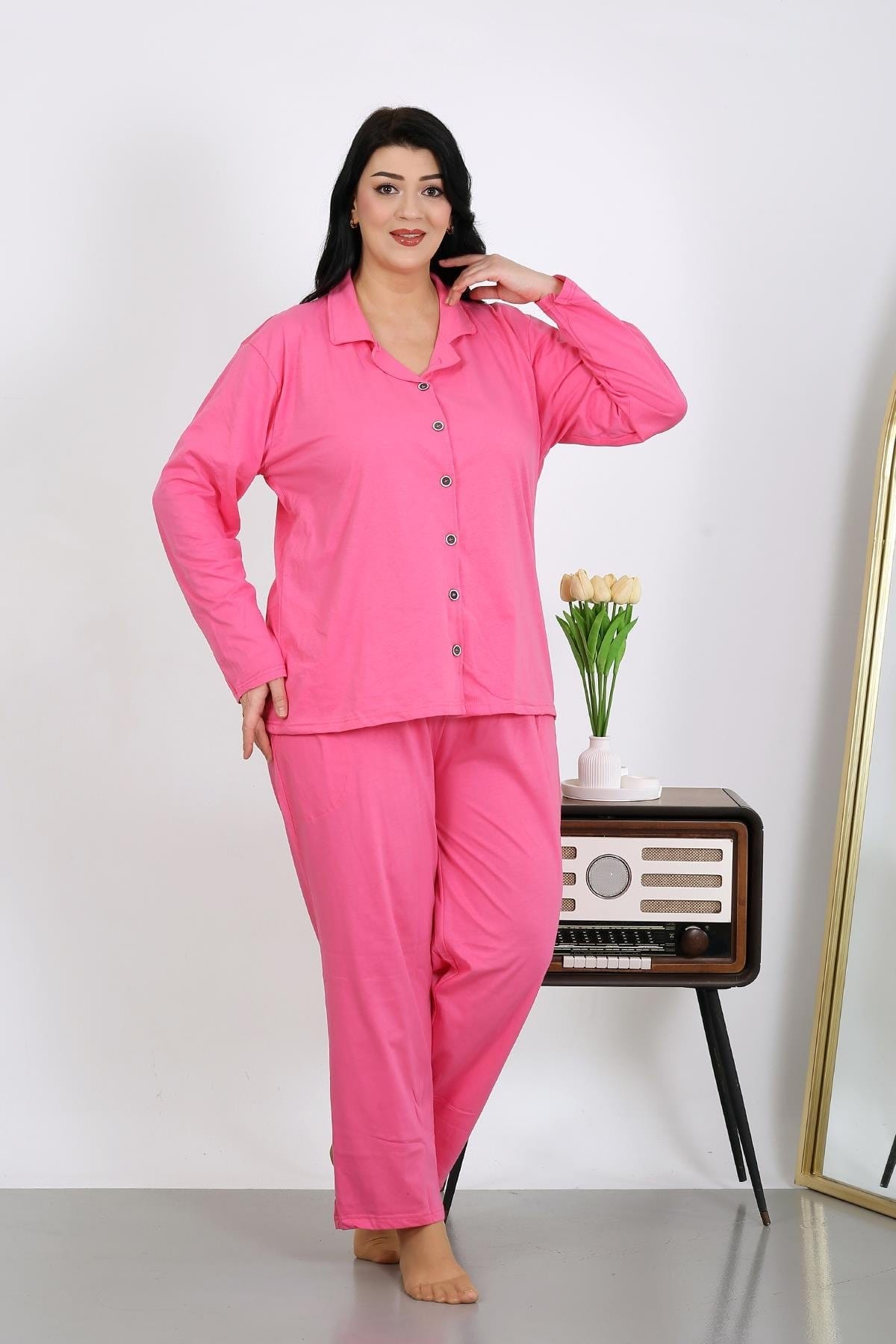 Uzun Kollu Büyük Beden Penye Cepli Pembe Kadın Pijama Takım Akbeniz 202504 - Pembe
