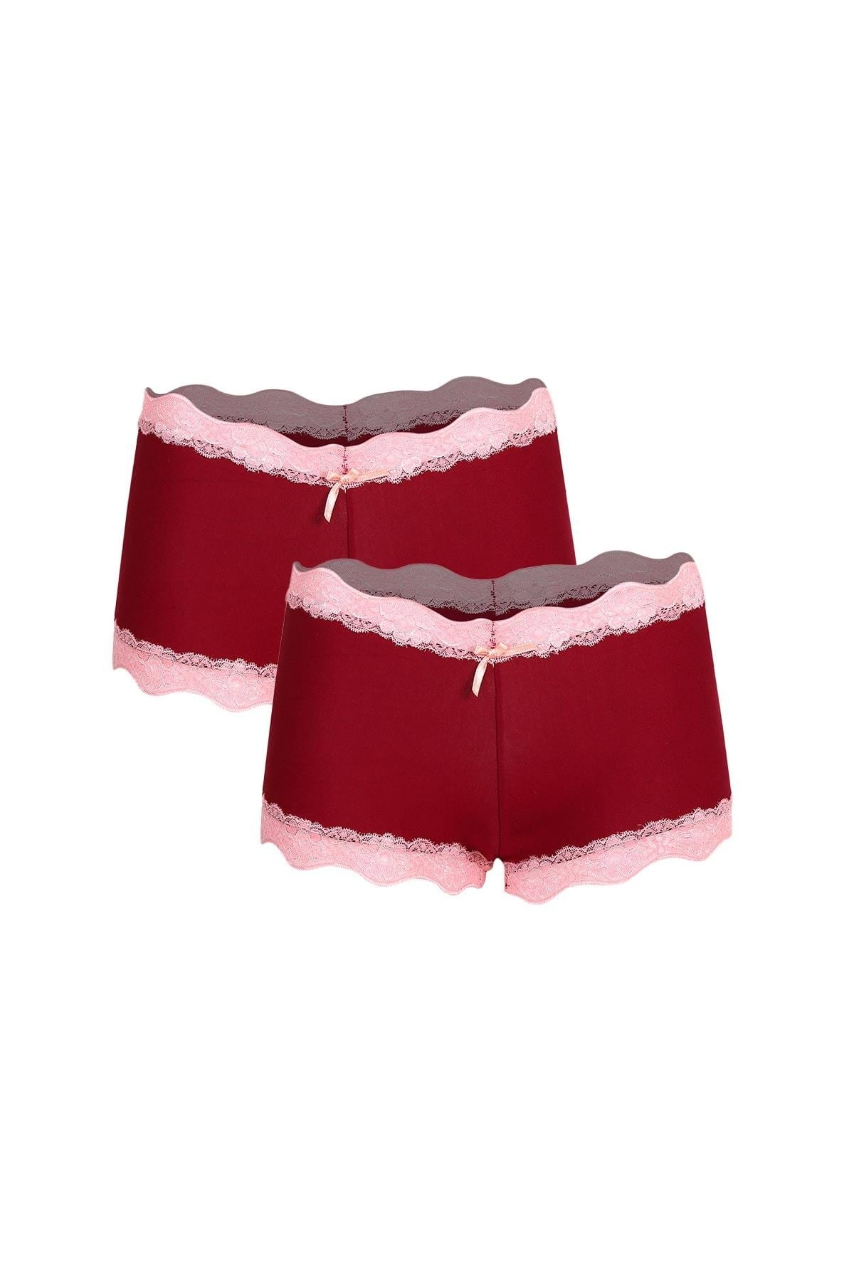 Dantelli Pamuklu 2li Kadın Boxer Bordo Akbeniz 40265 - Bordo