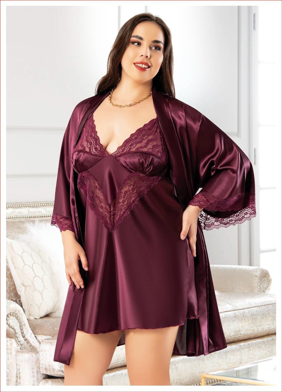 Dantelli Asimetrik Büyük Beden Saten Gecelik Sabahlık Takımı Miss Laris 6005 - Bordo