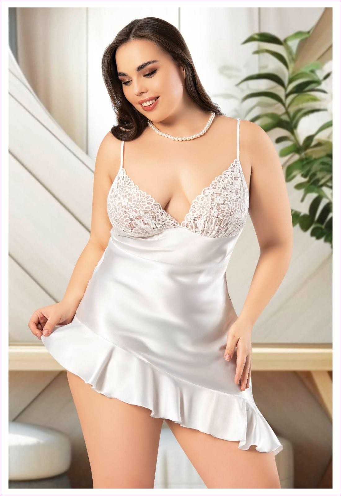 Asimetrik Fırfırlı Dantelli İnce Askılı Gecelik Miss Laris 4044 - Ekru