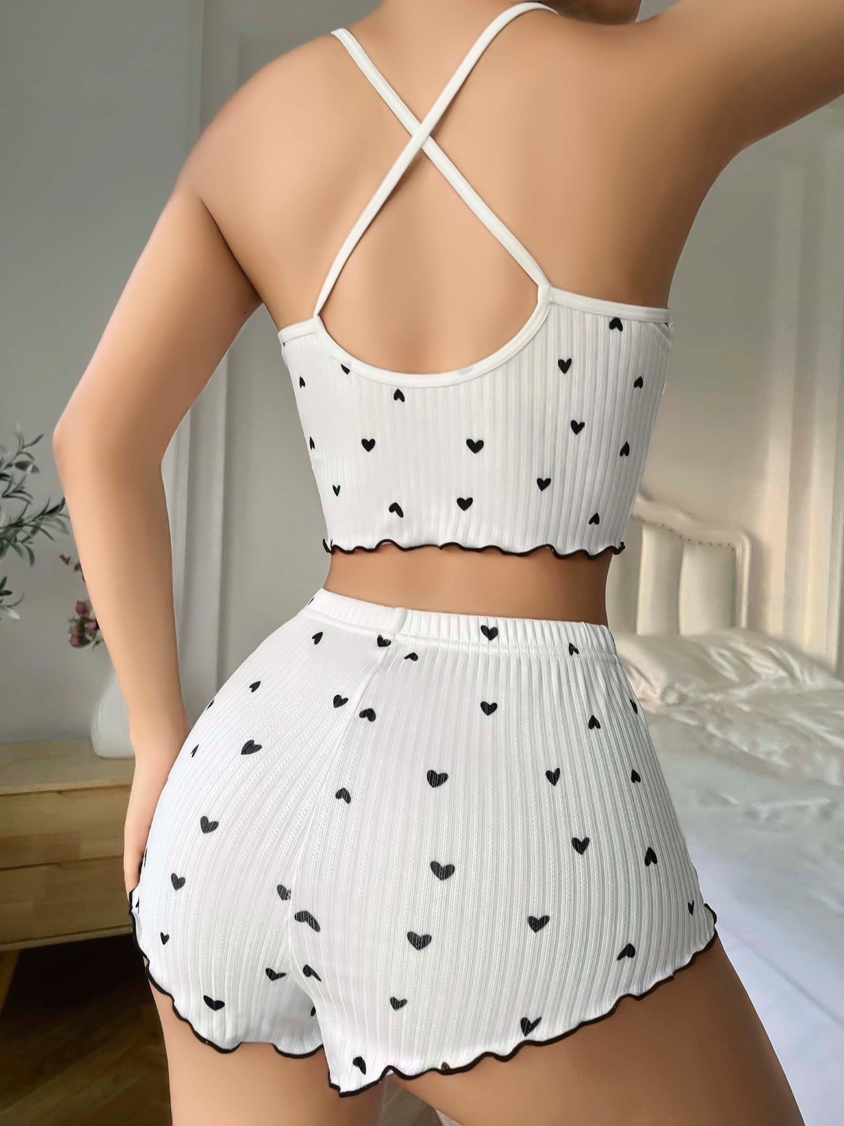 Askılı Şort Pijama Takım Beyaz Rahat Kesim Lily Bianca 13113 - Beyaz