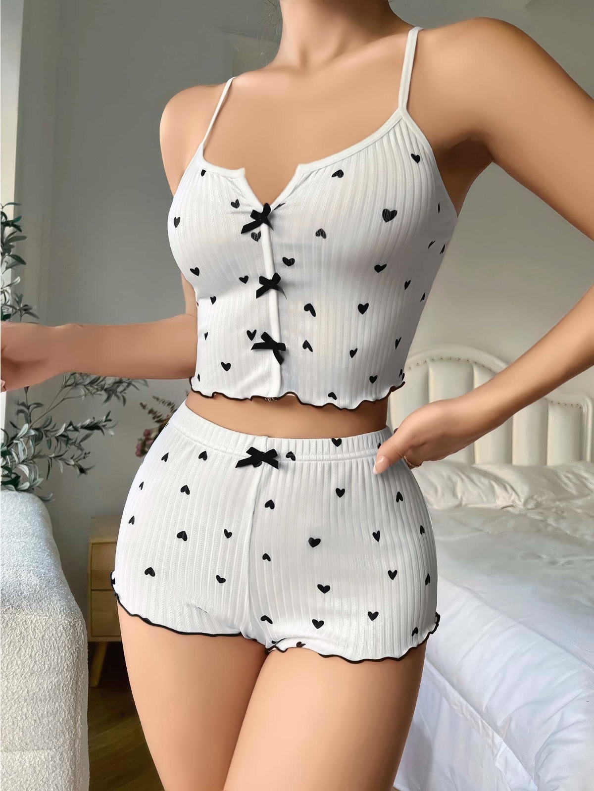 Askılı Şort Pijama Takım Beyaz Rahat Kesim Lily Bianca 13113 - Beyaz