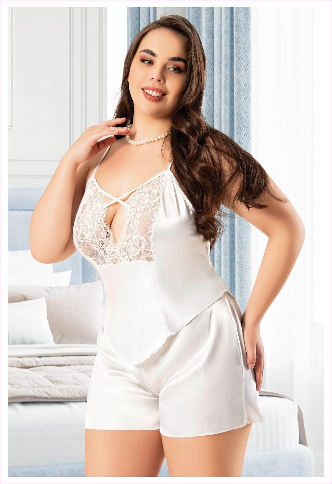 Dantelli Saten Şort Pijama Takımı Miss Laris 4235 - Ekru