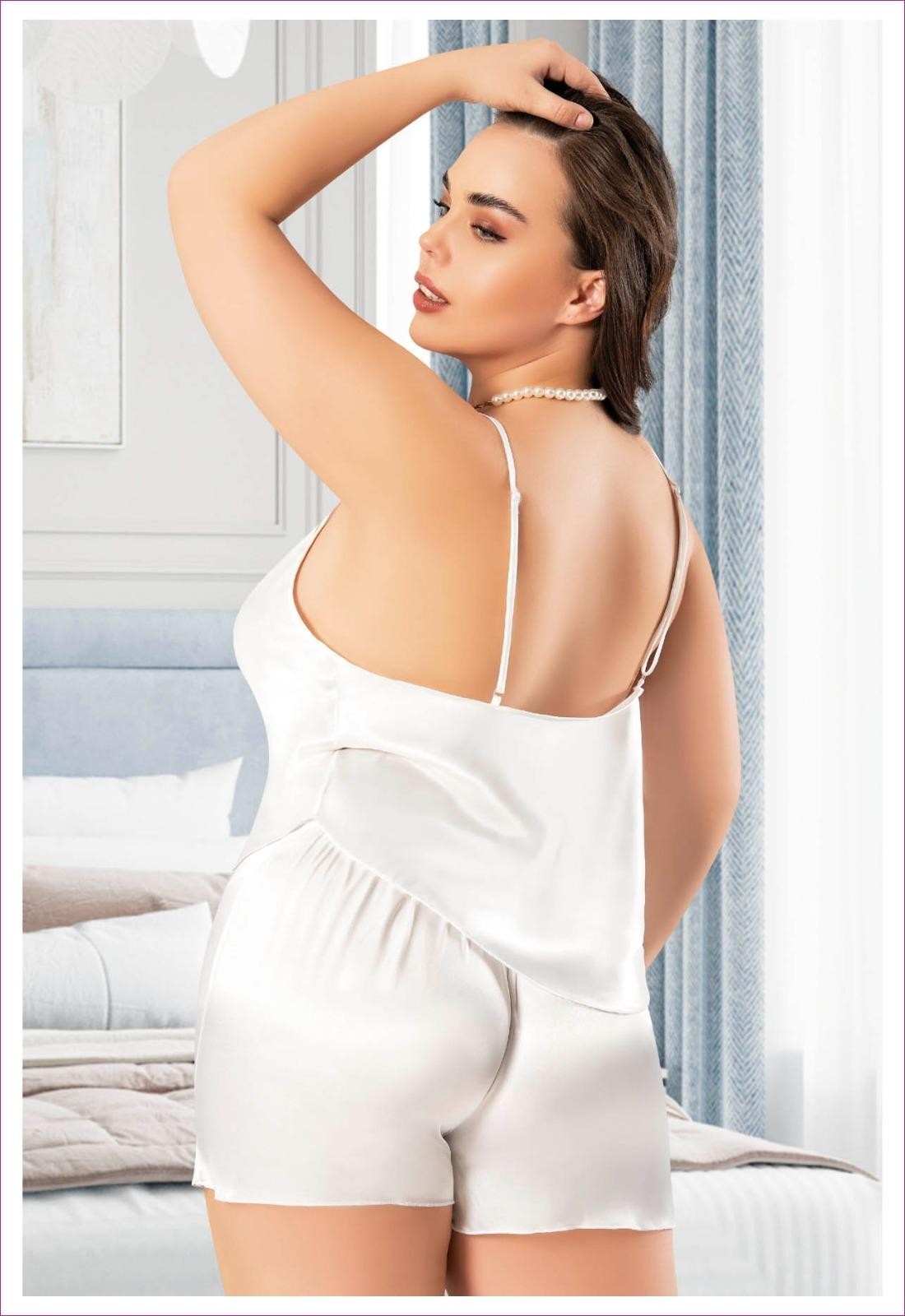 Dantelli Saten Şort Pijama Takımı Miss Laris 4235 - Ekru