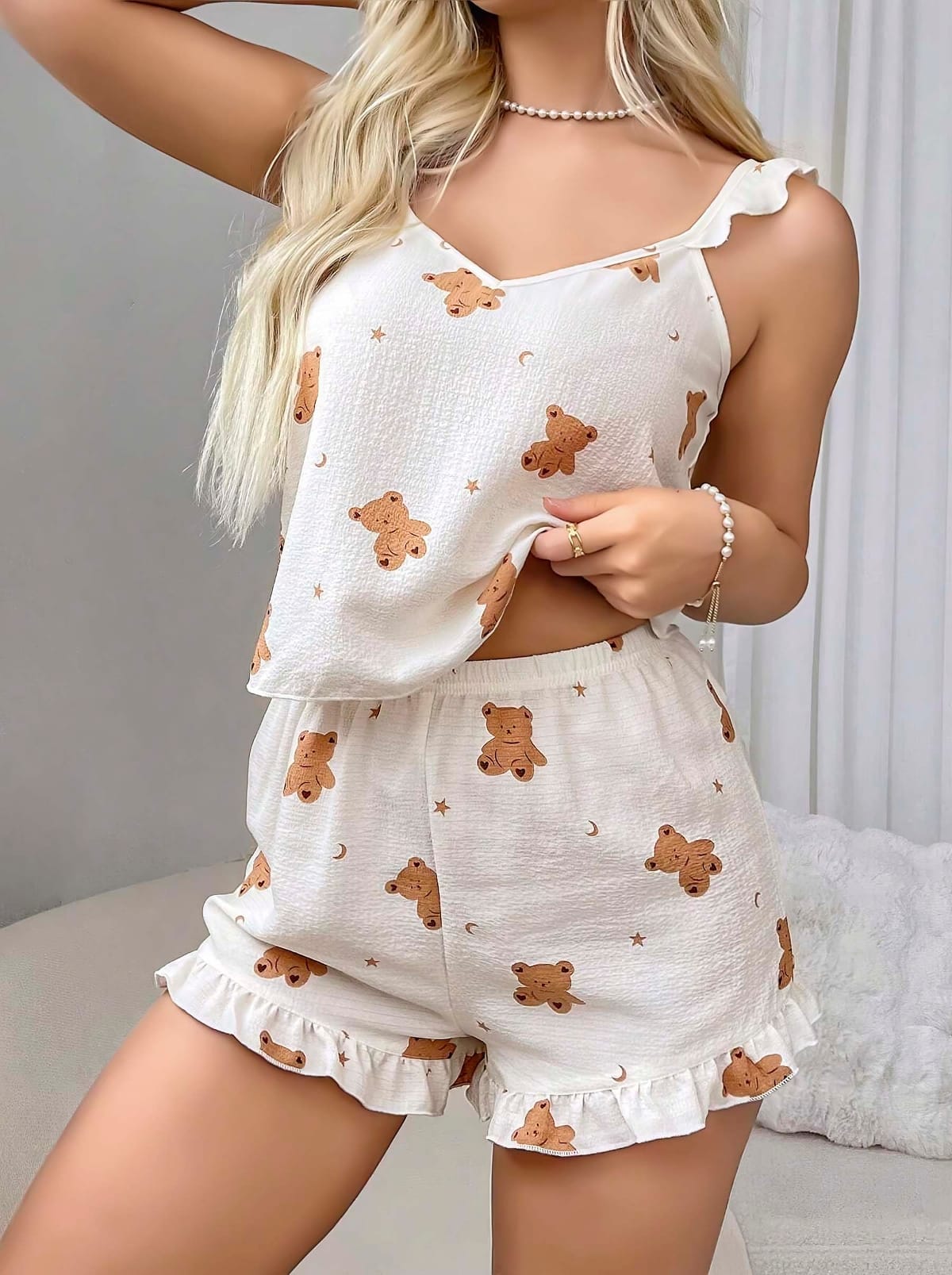 Ayıcık Desenli Rahat Şort Takım Kadın Pijama Lily Bianca 13039 - Beyaz