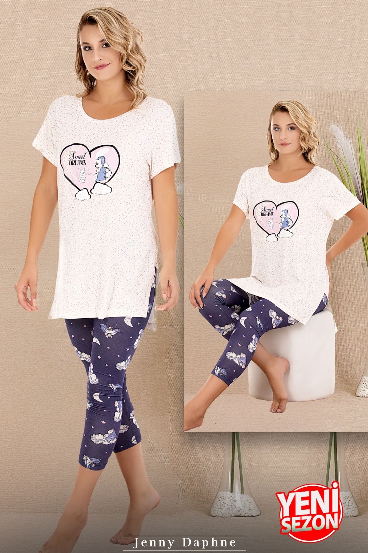 Baskılı Kısa Kollu T-Shirt Kapri Pijama Takımı Lady 12069 - Beyaz