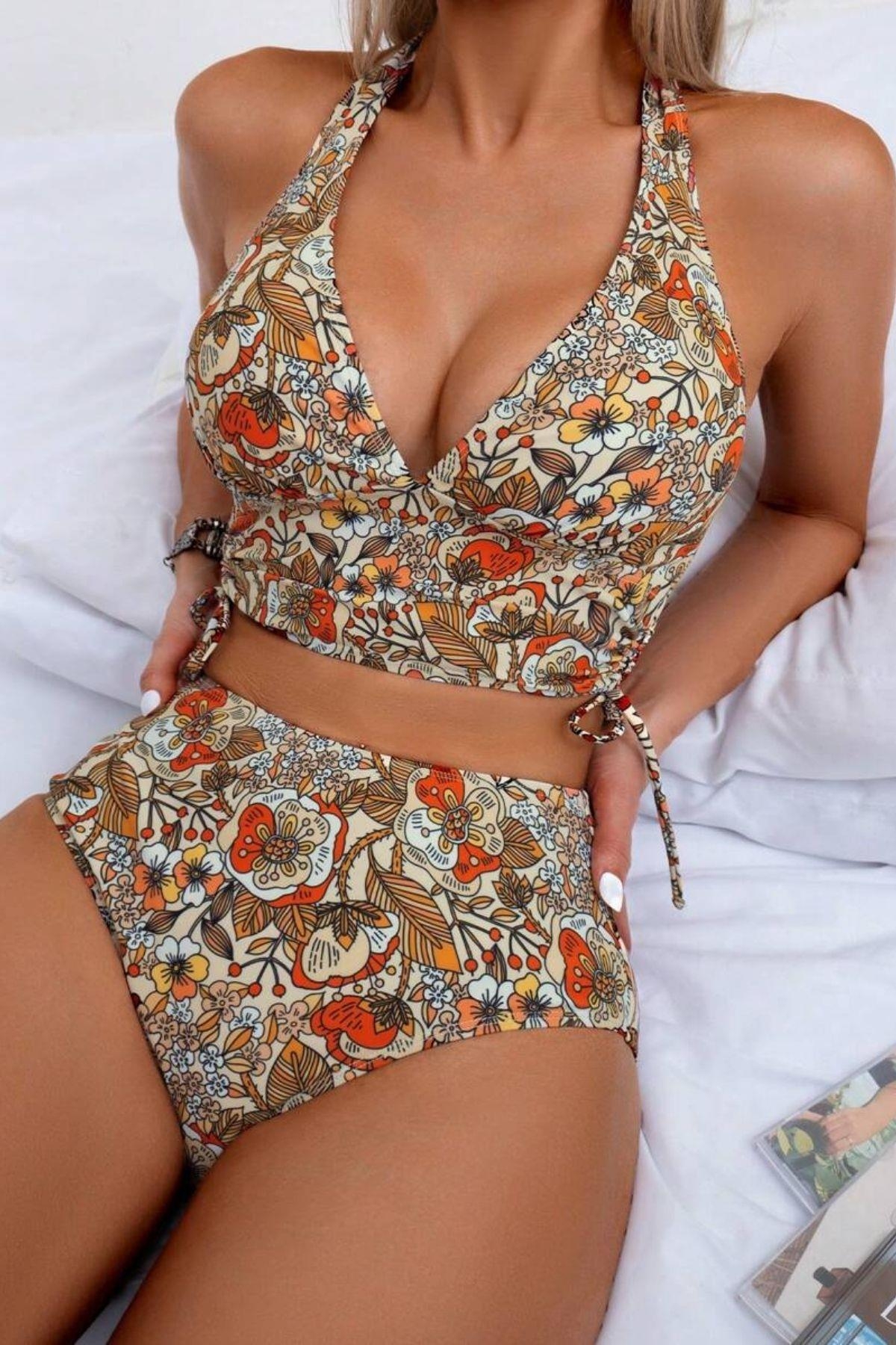 Çok Renkli Çiçek Bahçesi Yüksel Bel Bikini Takım Bella Notte M-9027 - Çok Renkli