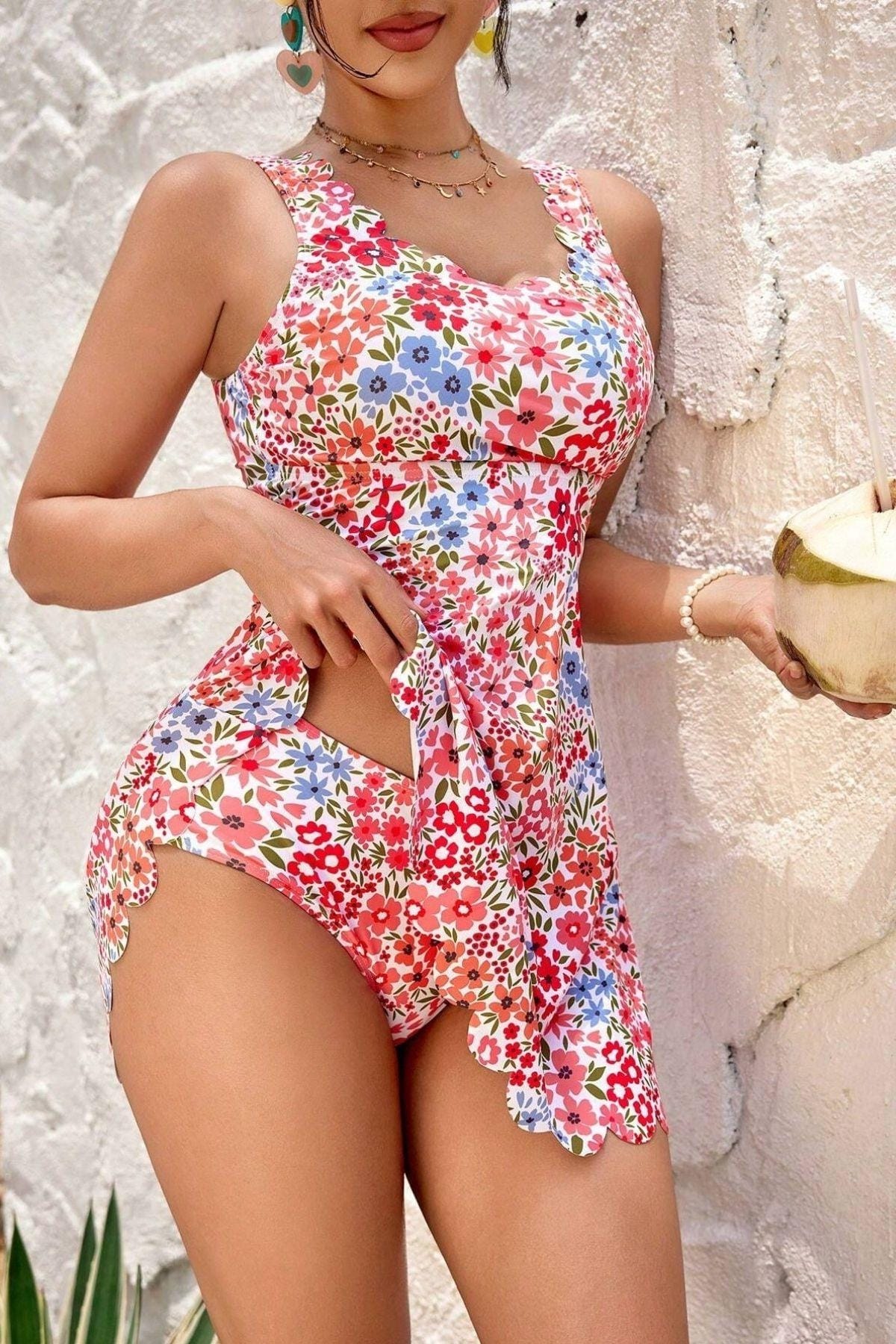 Çok Renkli Çiçek Bahçesi Kalın Askılı Lycra Mayo Bella Notte 9019 - Çok Renkli