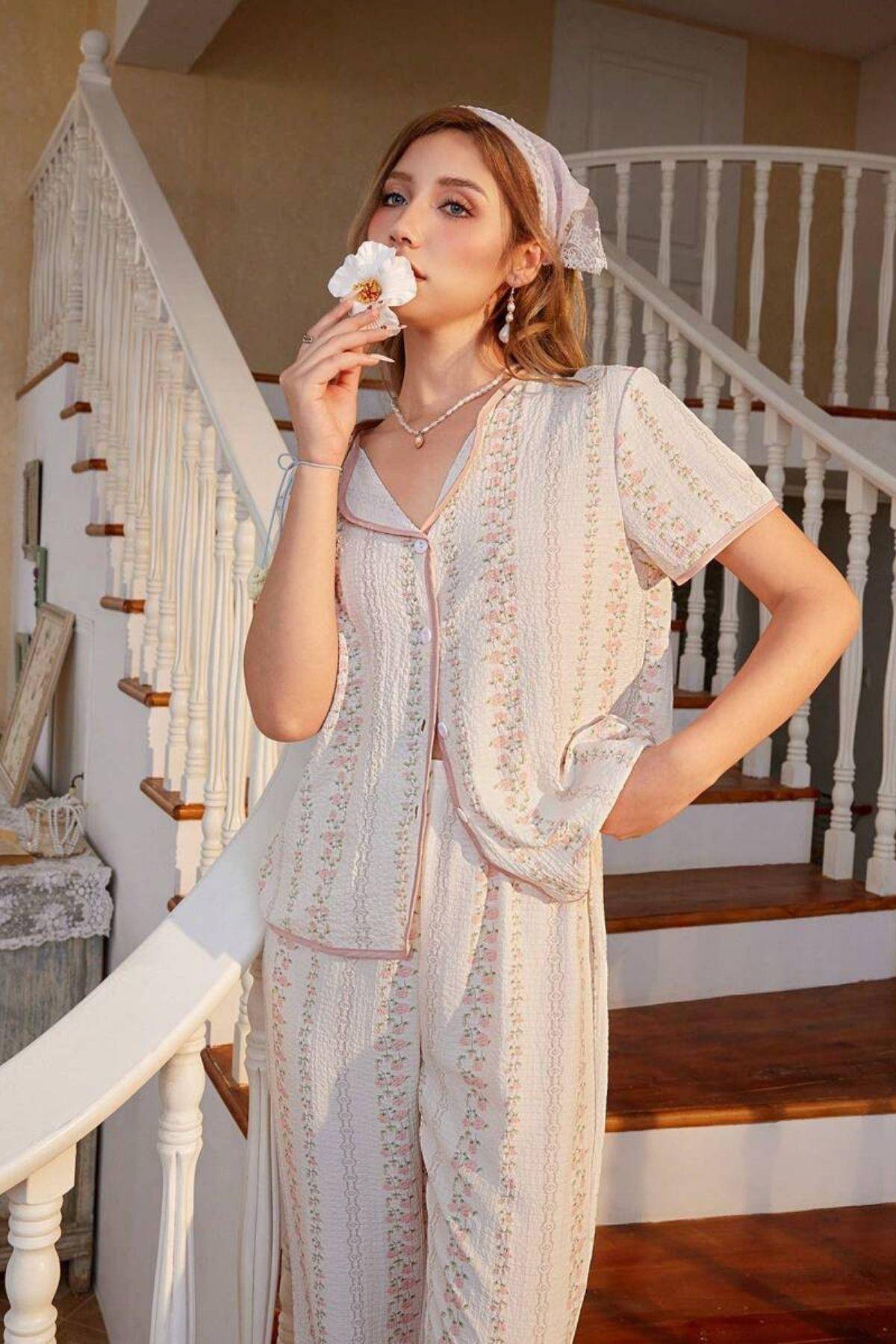 Kısa Kollu Gömlek Yaka Kadın Pijama Takımı Bella Notte 7325 - Çok Renkli