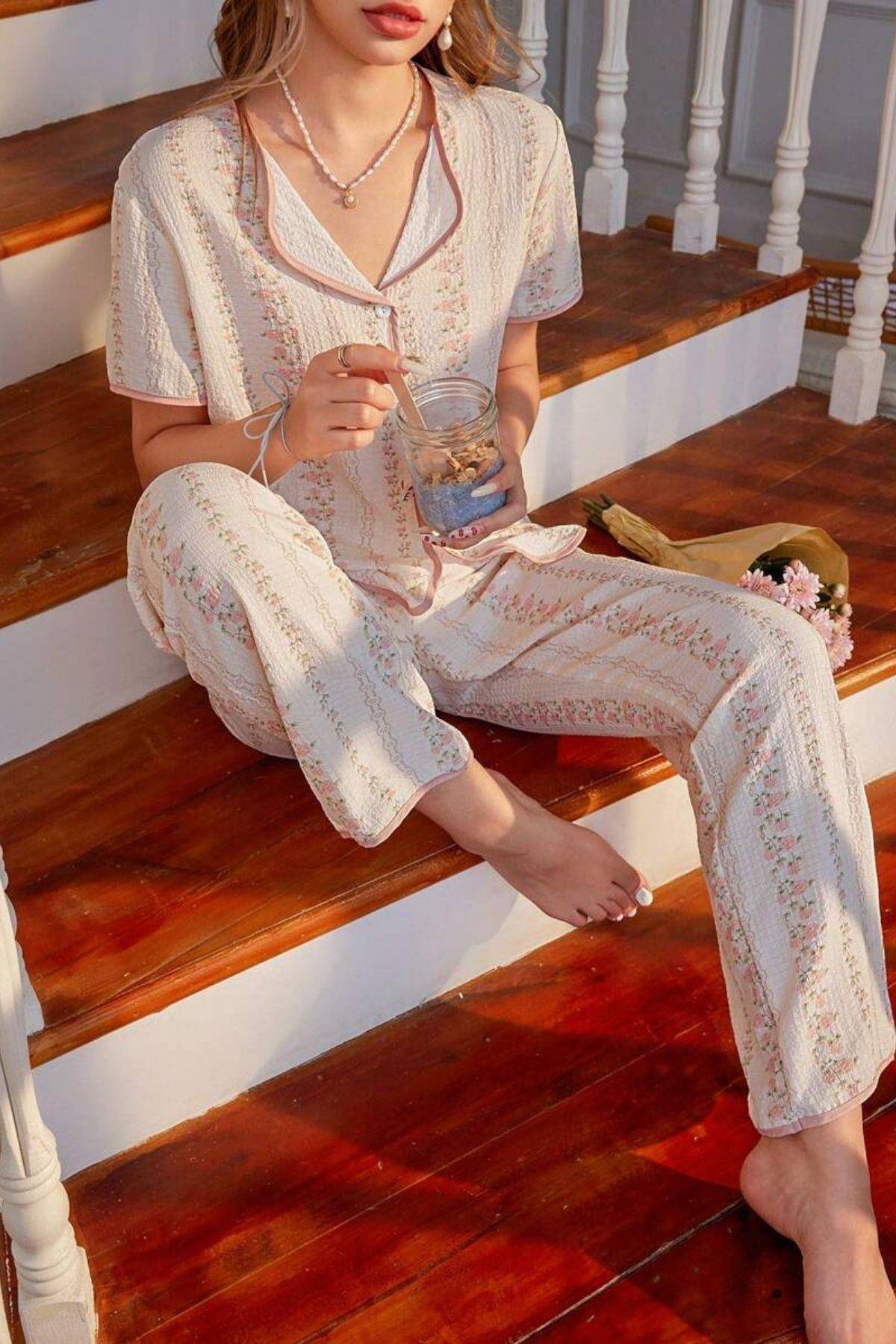 Kısa Kollu Gömlek Yaka Kadın Pijama Takımı Bella Notte 7325 - Çok Renkli