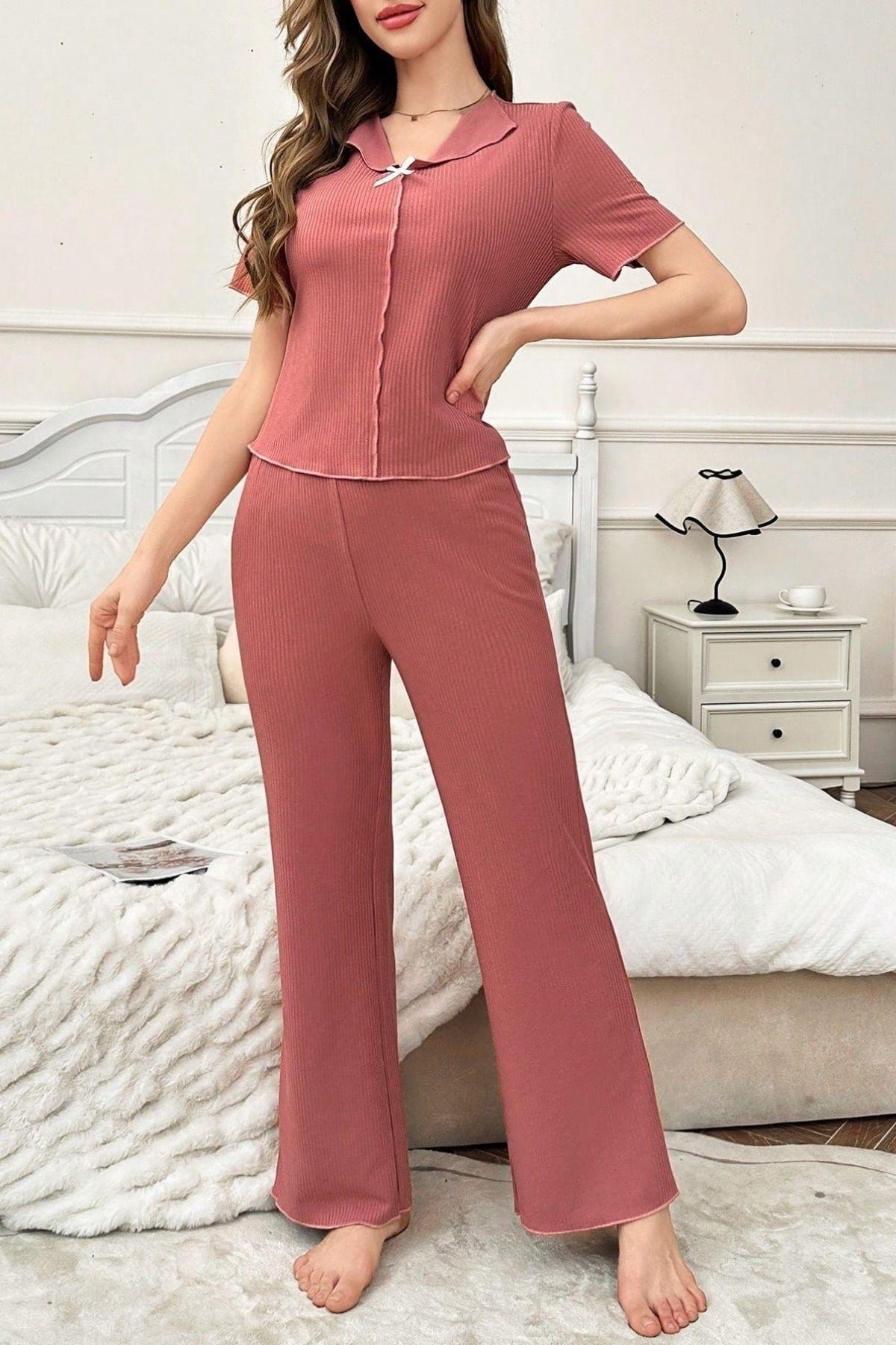 Gül Kurusu Pamuklu Kısa Kollu Pijama Takımı Bella Notte 7155 - Gül Kurusu