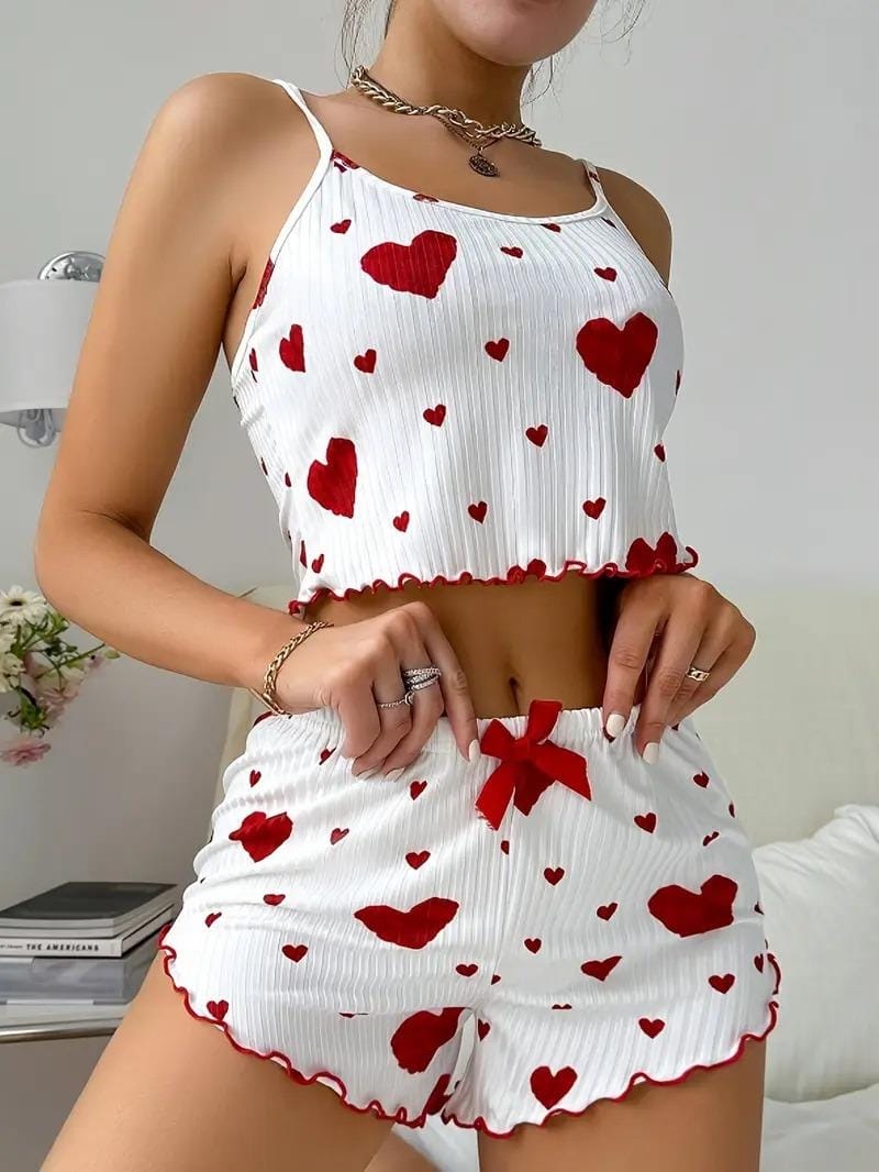 Kalp Desenli Pamuklu Pijama Takımı Bella Notte 7595 - Kırmızı