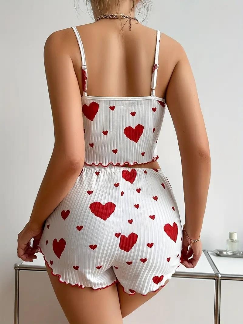 Kalp Desenli Pamuklu Pijama Takımı Bella Notte 7595 - Kırmızı