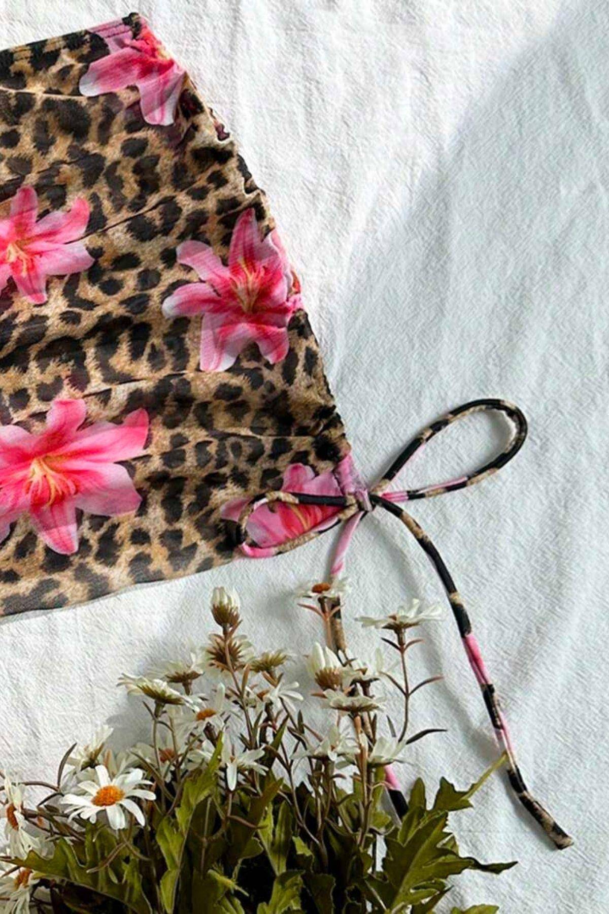 Pareolu Leopar Zambak Baskılı Kadın Bikini Takım Bella Notte M-9035 - Leopar
