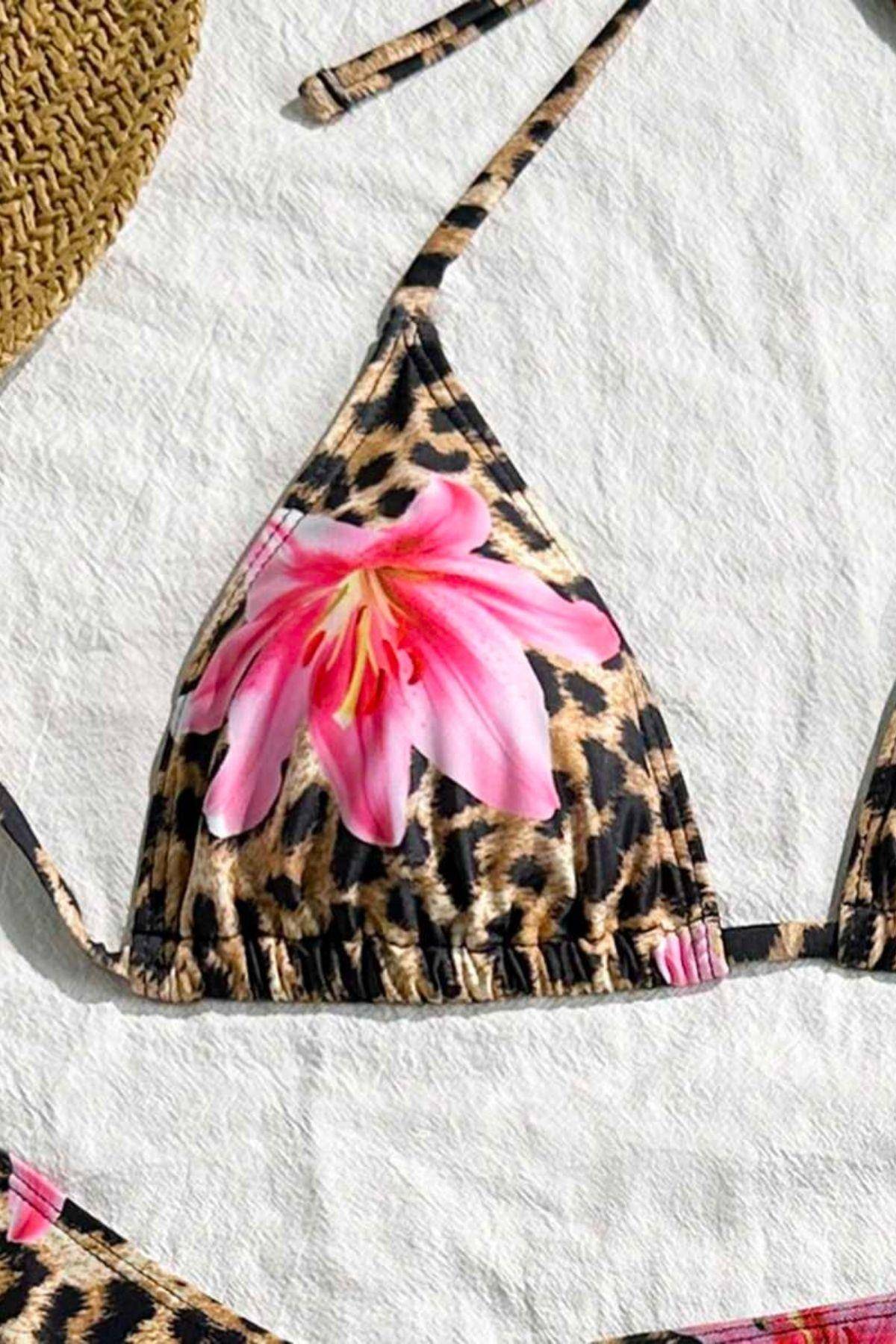 Pareolu Leopar Zambak Baskılı Kadın Bikini Takım Bella Notte M-9035 - Leopar
