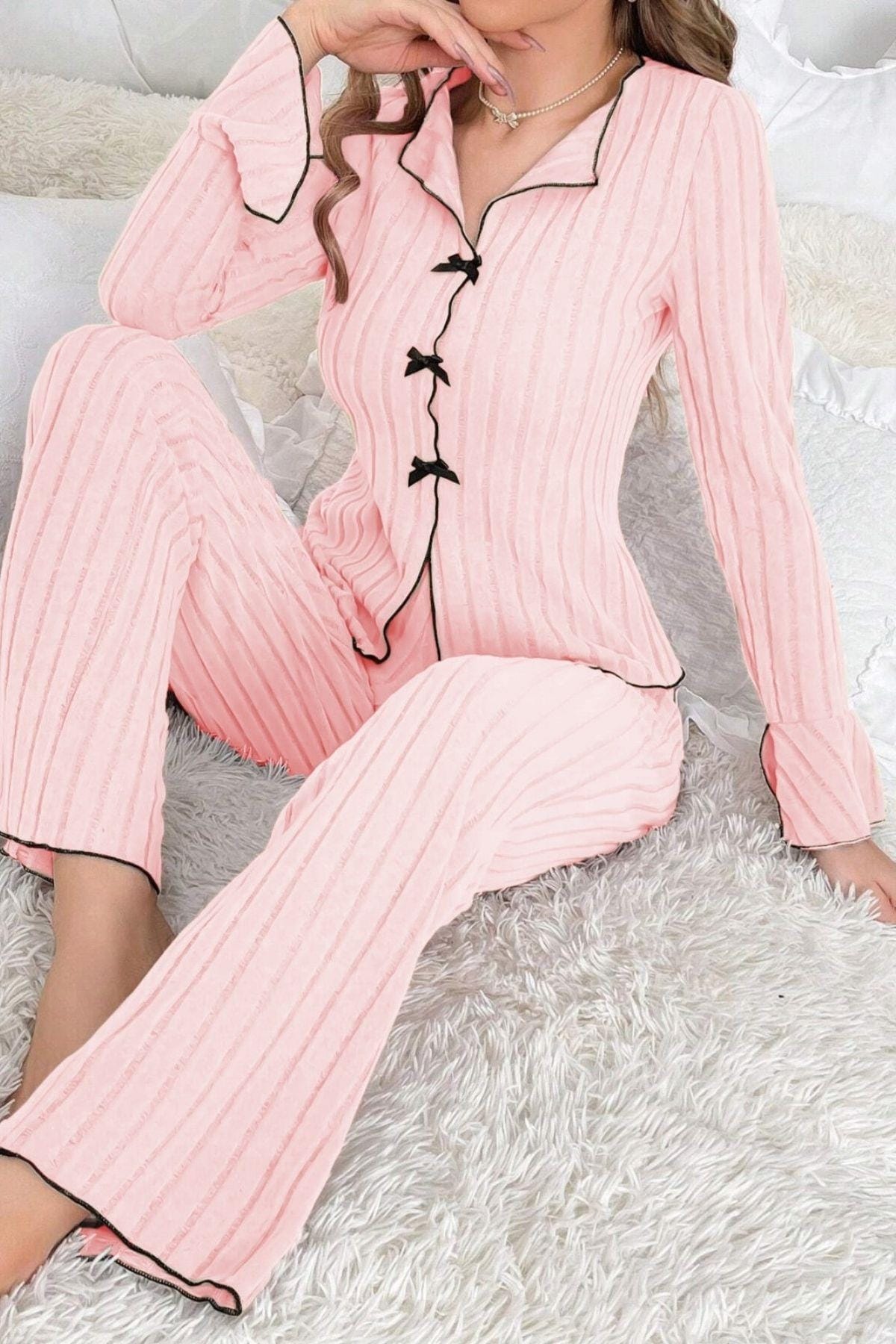 Pembe Uzun Kollu Pamuklu Pijama Takımı Bella Notte 7103 - Pembe