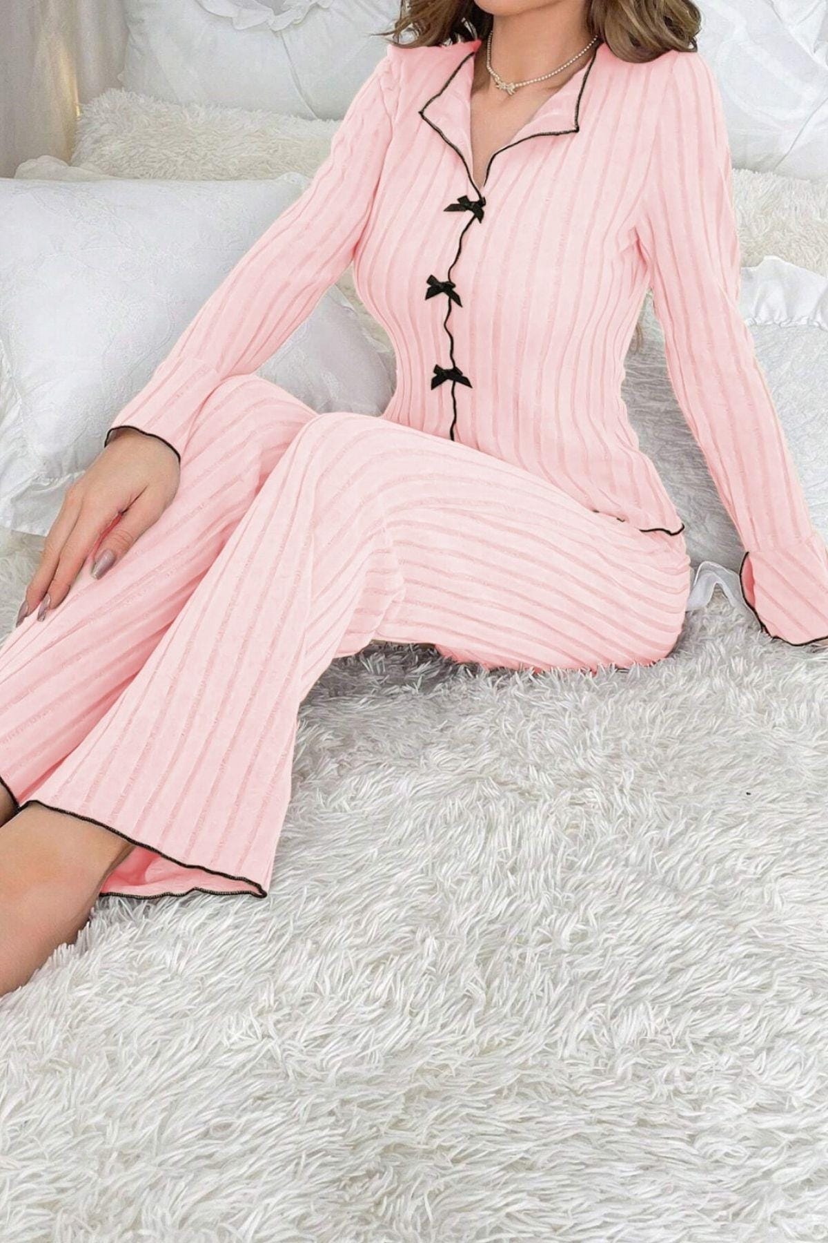 Pembe Uzun Kollu Pamuklu Pijama Takımı Bella Notte 7103 - Pembe