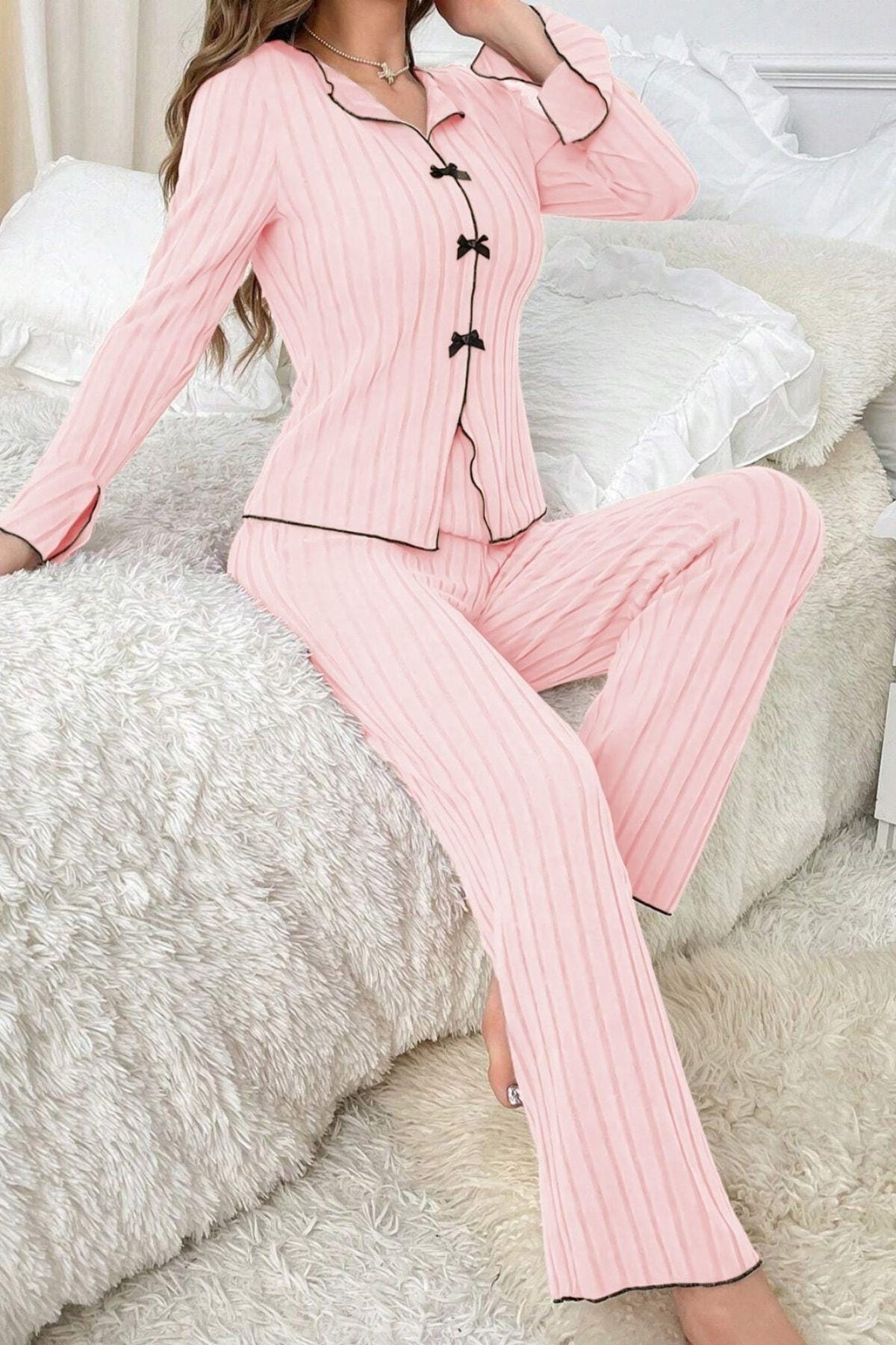 Pembe Uzun Kollu Pamuklu Pijama Takımı Bella Notte 7103 - Pembe