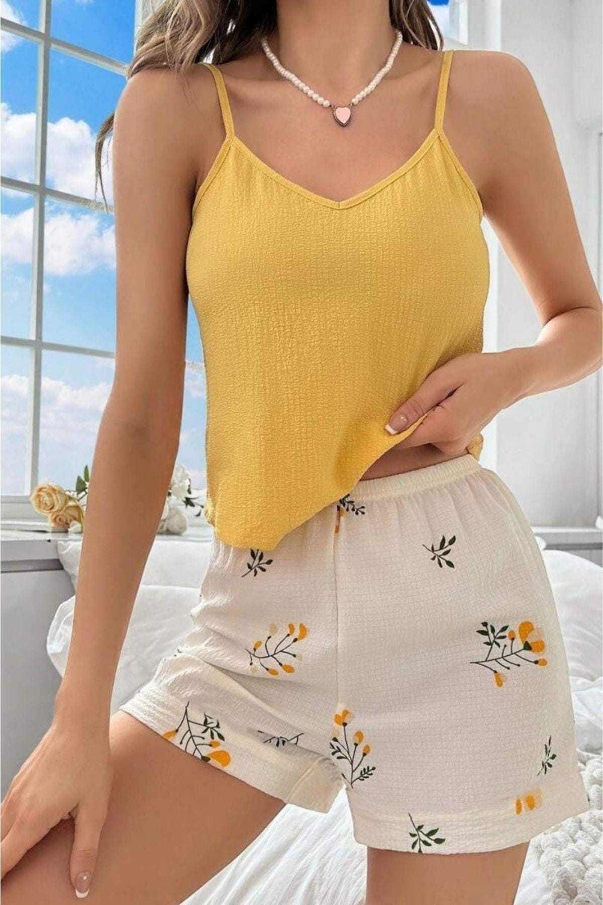 Sarı Bahar Dalı Yaprakları Ev İçi Şort Takım Bella Notte 7717 - Sari