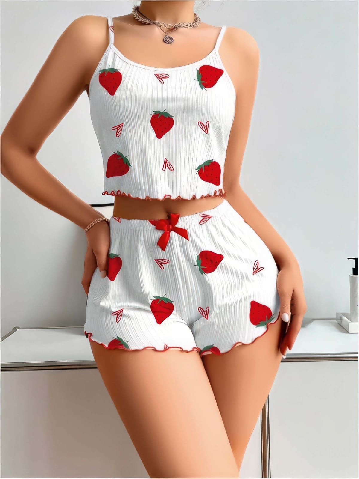 Beyaz Dantel Detaylı Askılı Şort Takım Lily Bianca 13014 - Beyaz