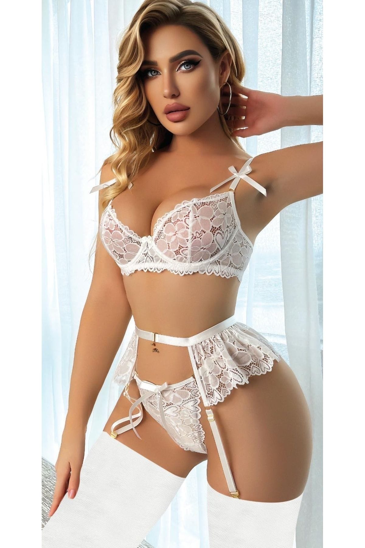 Beyaz Dantelli Jartiyer Takımı İzabel 12007 - Beyaz