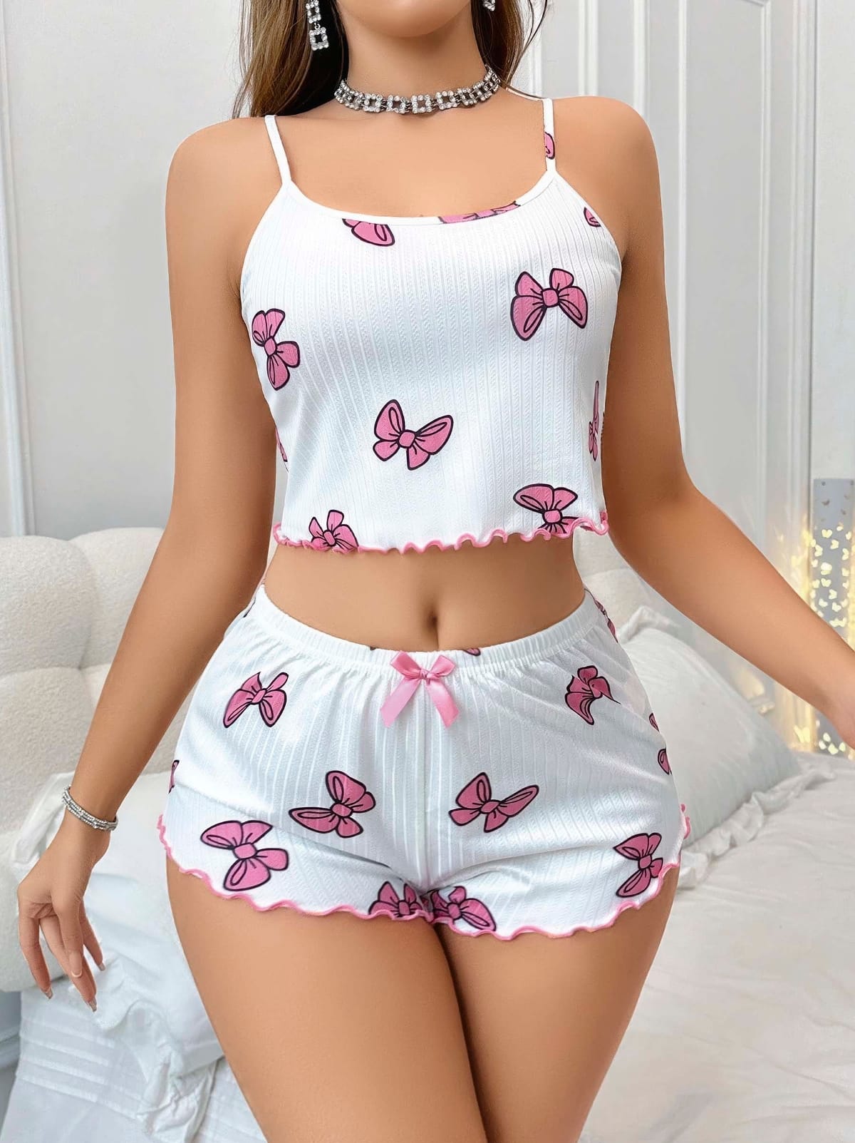 Yazlık Şort Pijama Takımı Beyaz Kelebekli Lily Bianca 13094 - Beyaz