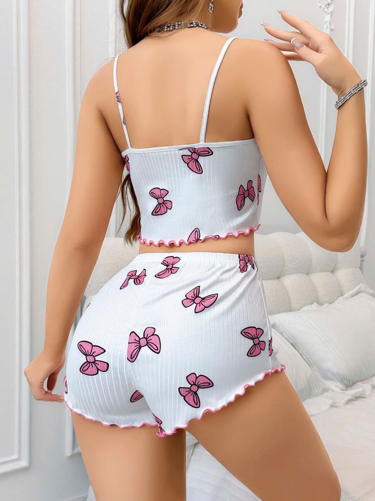 Yazlık Şort Pijama Takımı Beyaz Kelebekli Lily Bianca 13094 - Beyaz
