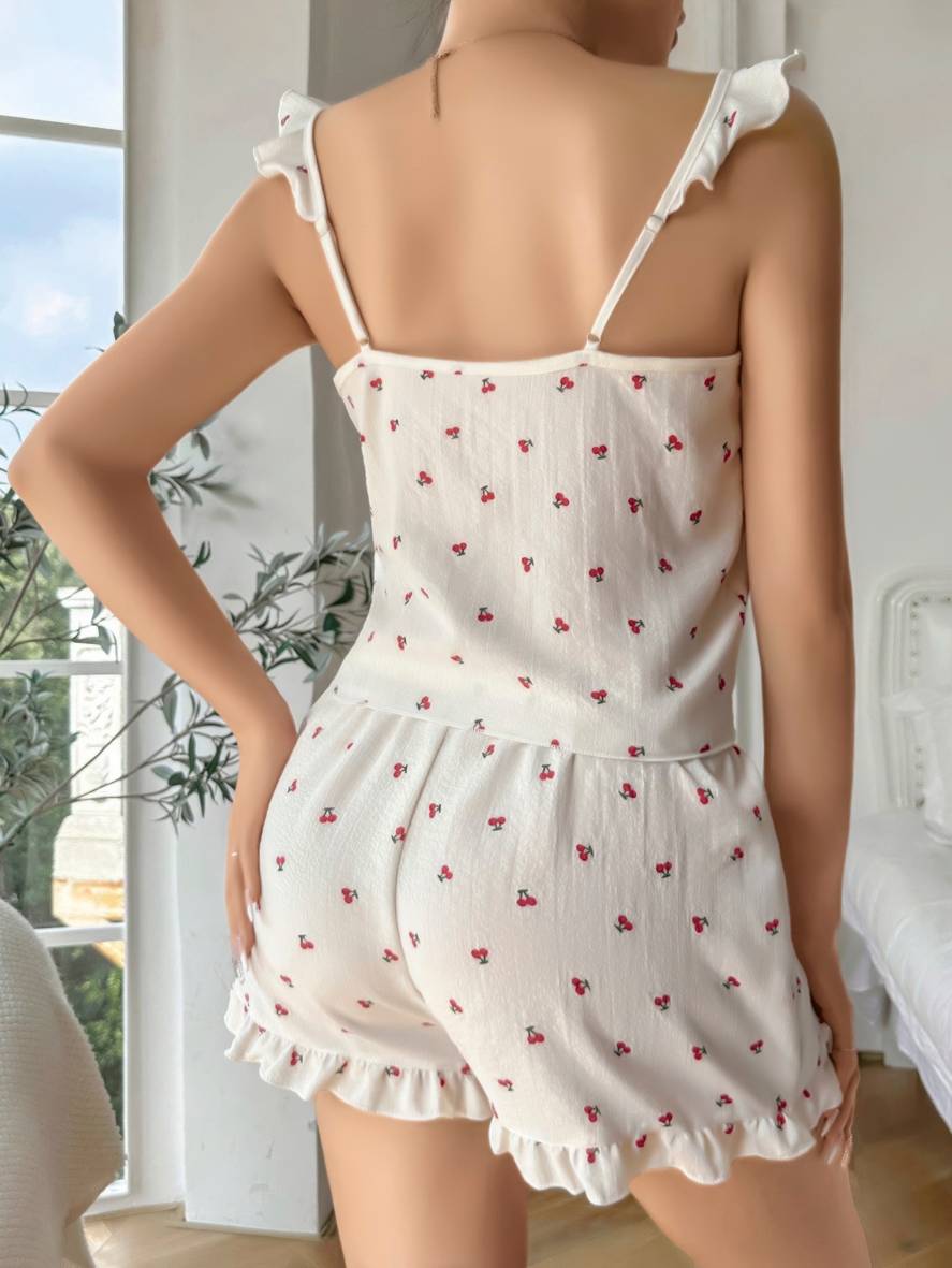Beyaz Minik Kiraz Desenli Askılı Pijama Şort Takım Lily Bianca 13109 - Beyaz