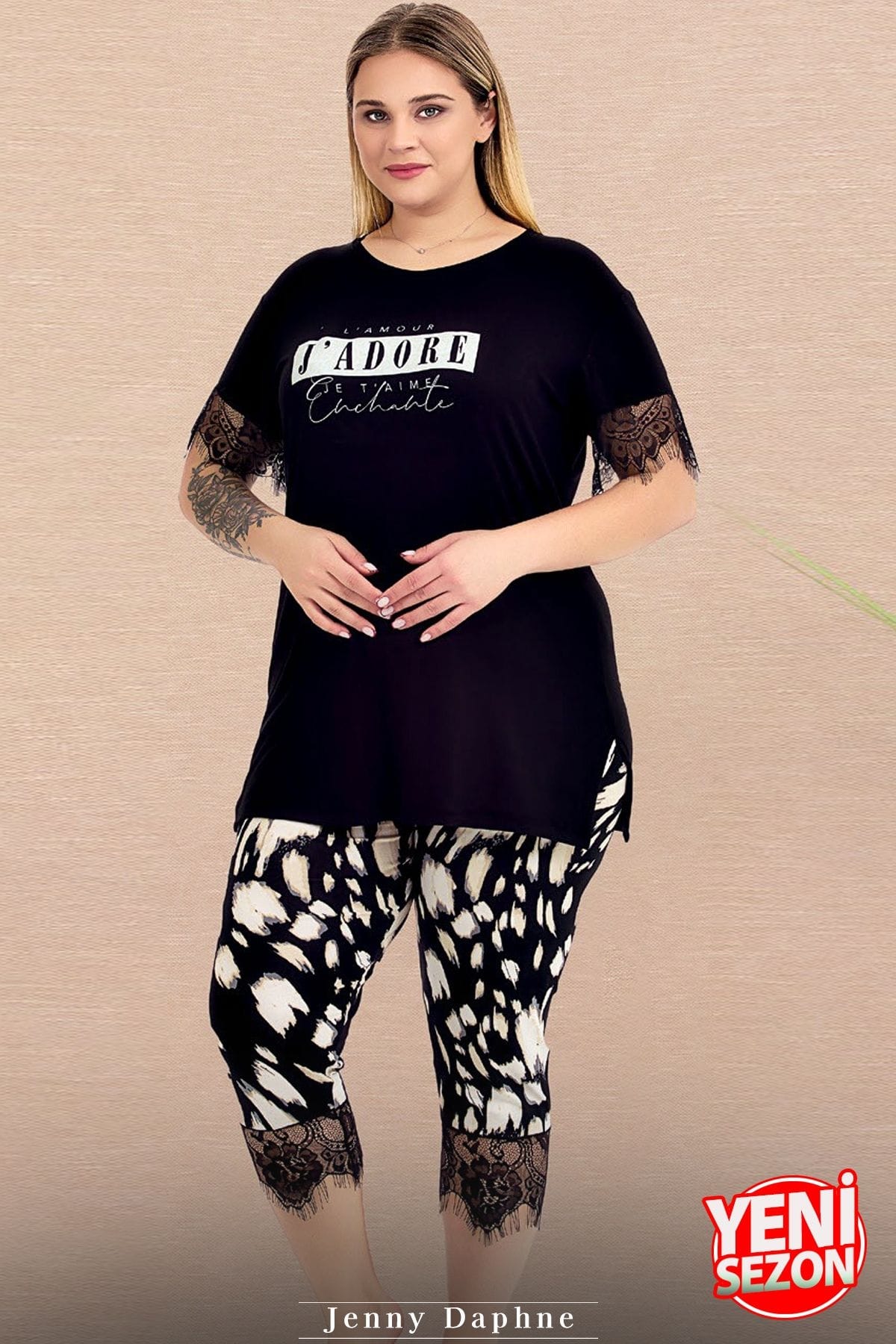 Desenli Kısa Kollu Kapri Pijama Takımı Lady 10726 - Siyah