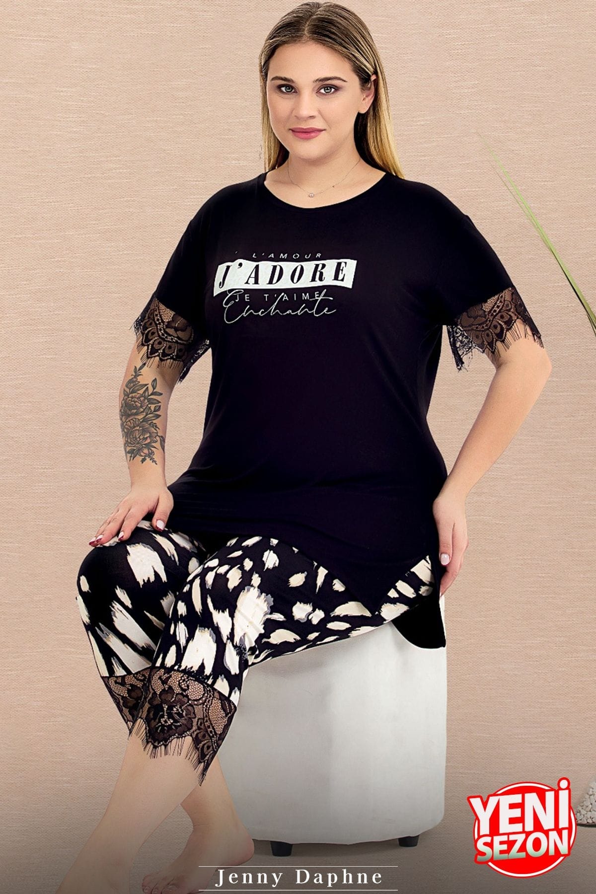 Desenli Kısa Kollu Kapri Pijama Takımı Lady 10726 - Siyah