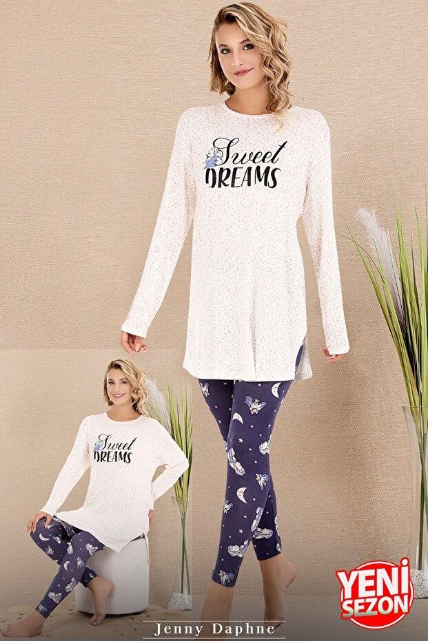 Desenli Viskon Uzun Kollu Pijama Takımı Lady 11689 - Lacivert