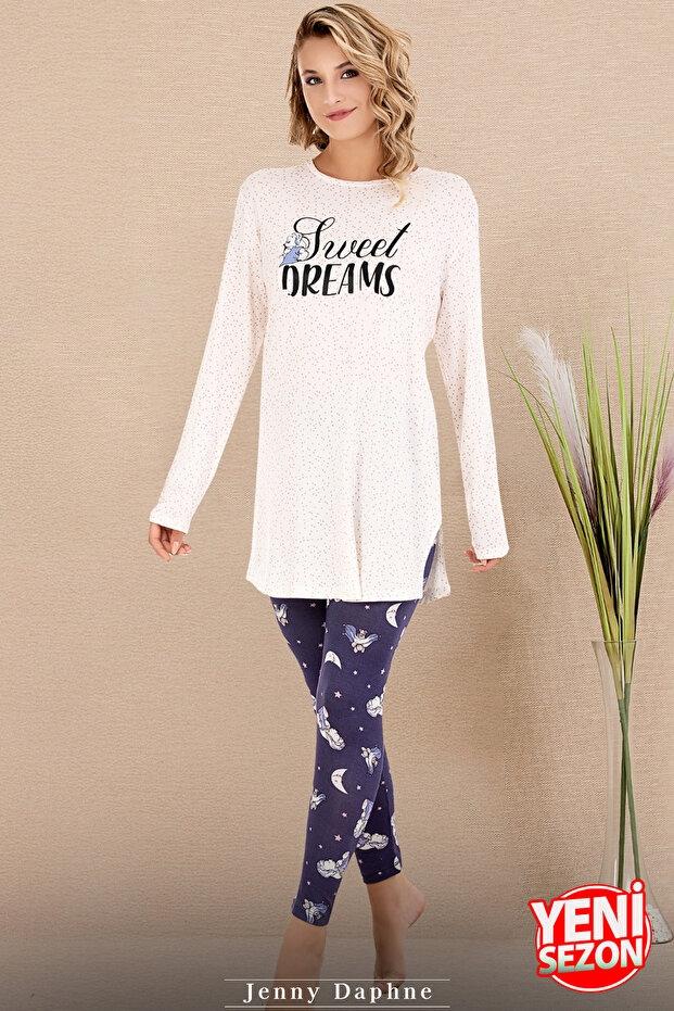Desenli Viskon Uzun Kollu Pijama Takımı Lady 11689 - Lacivert