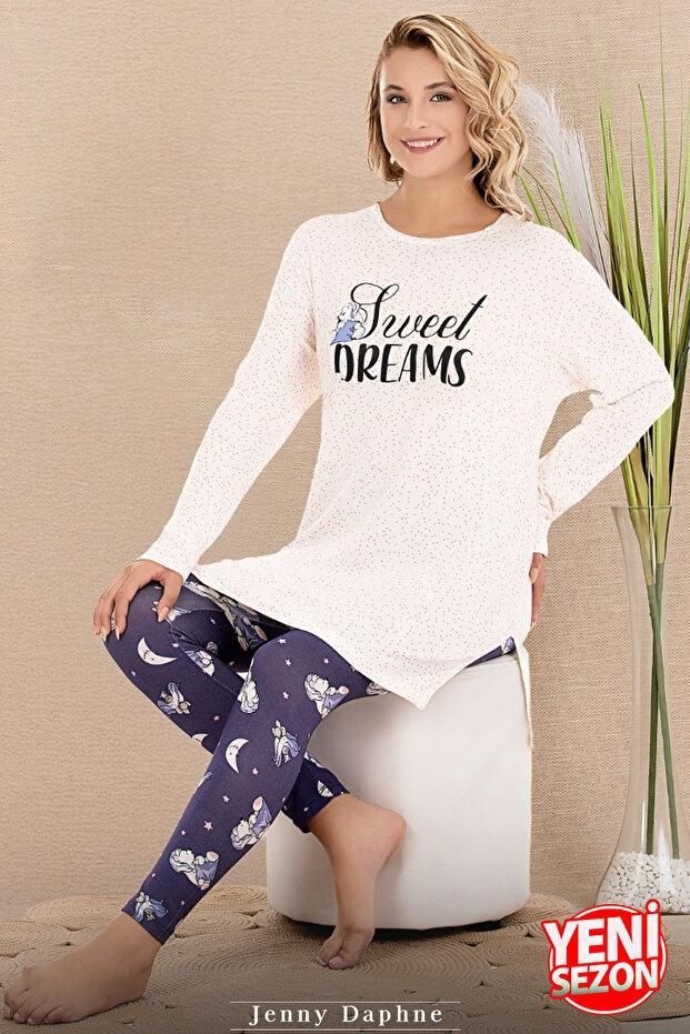 Desenli Viskon Uzun Kollu Pijama Takımı Lady 11689 - Lacivert