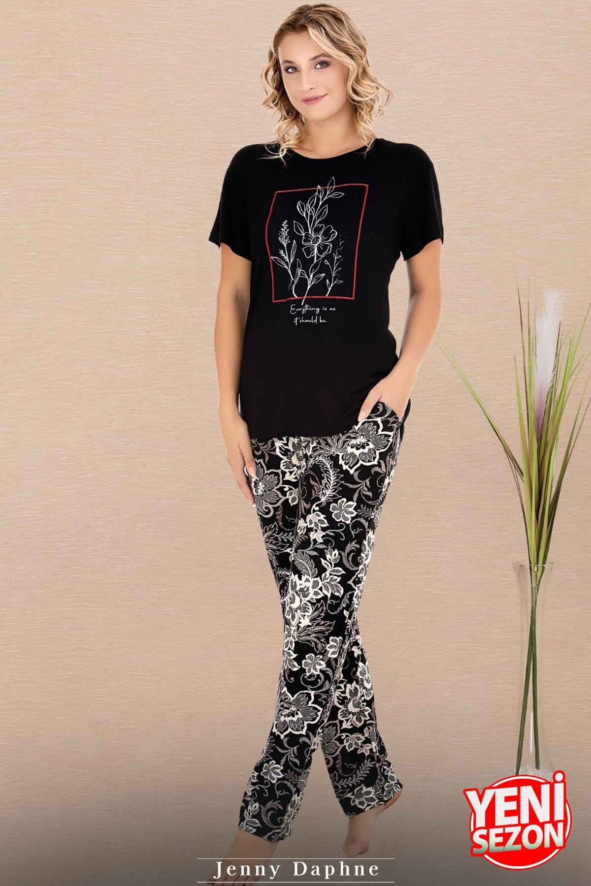 Kısa Kollu Desenli Pijama Takımı Somon Renk Lady 12597 - Siyah