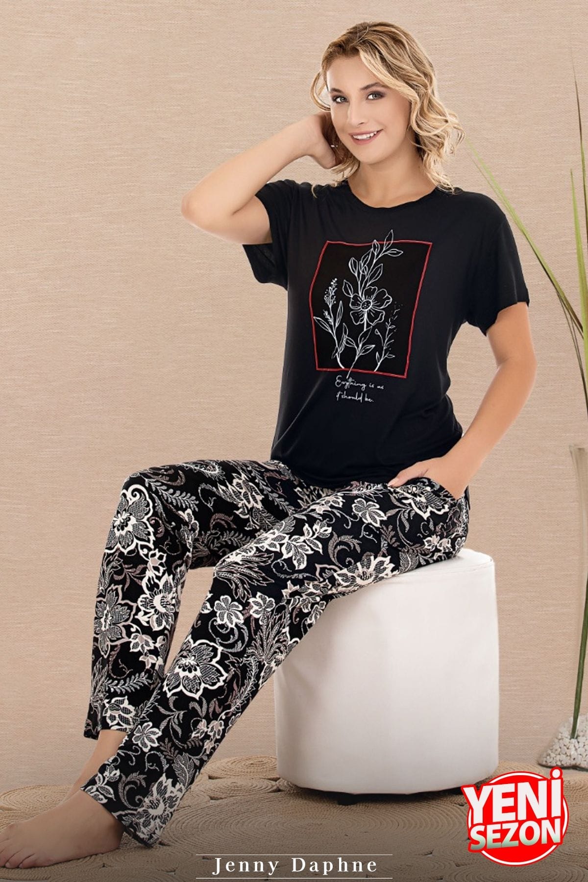 Kısa Kollu Desenli Pijama Takımı Somon Renk Lady 12597 - Siyah