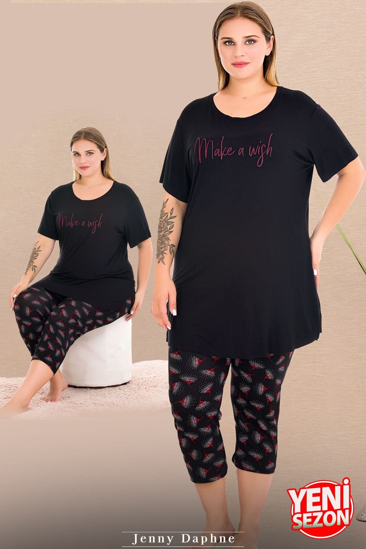 Büyük Beden Çiçek Desenli Kapri Pijama Takımı Lady 10732 - Siyah