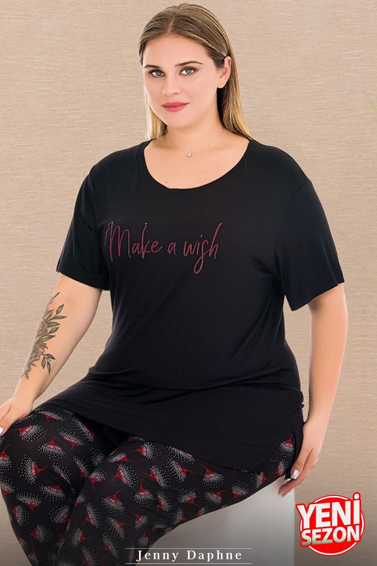 Büyük Beden Çiçek Desenli Kapri Pijama Takımı Lady 10732 - Siyah